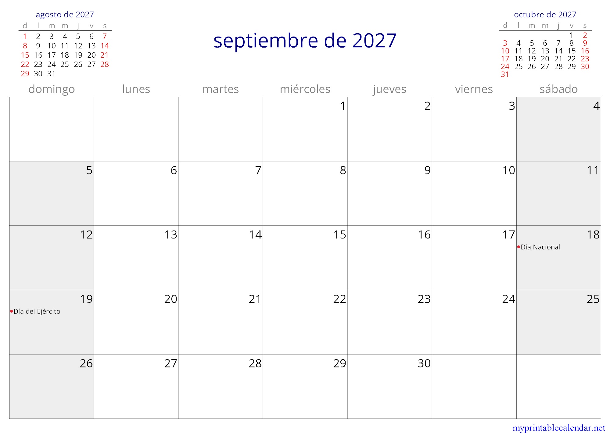 septiembre de 2027 monthly calendar, Chile, Spanish jpg