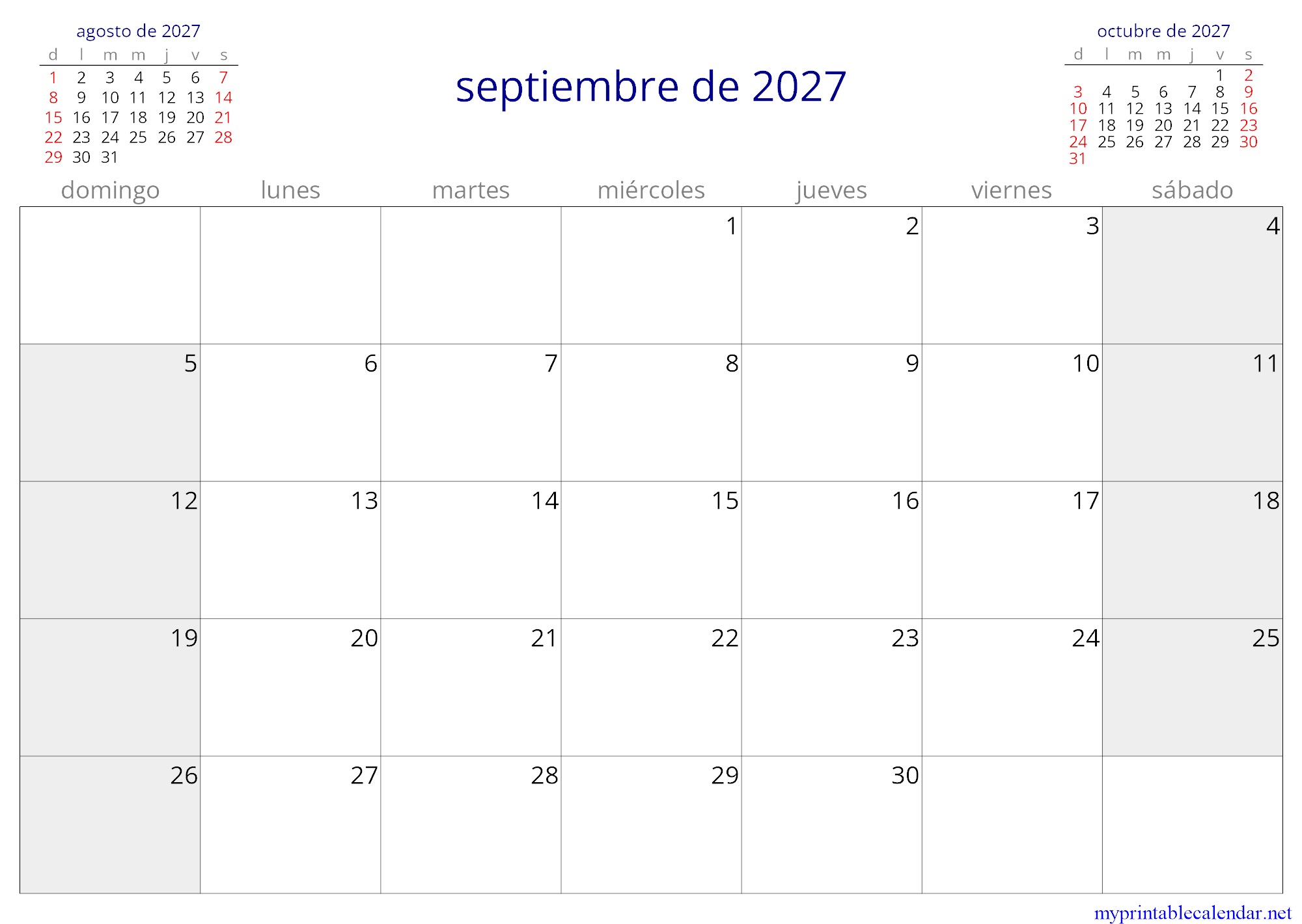 septiembre de 2027 monthly calendar, Colombia, Spanish jpg