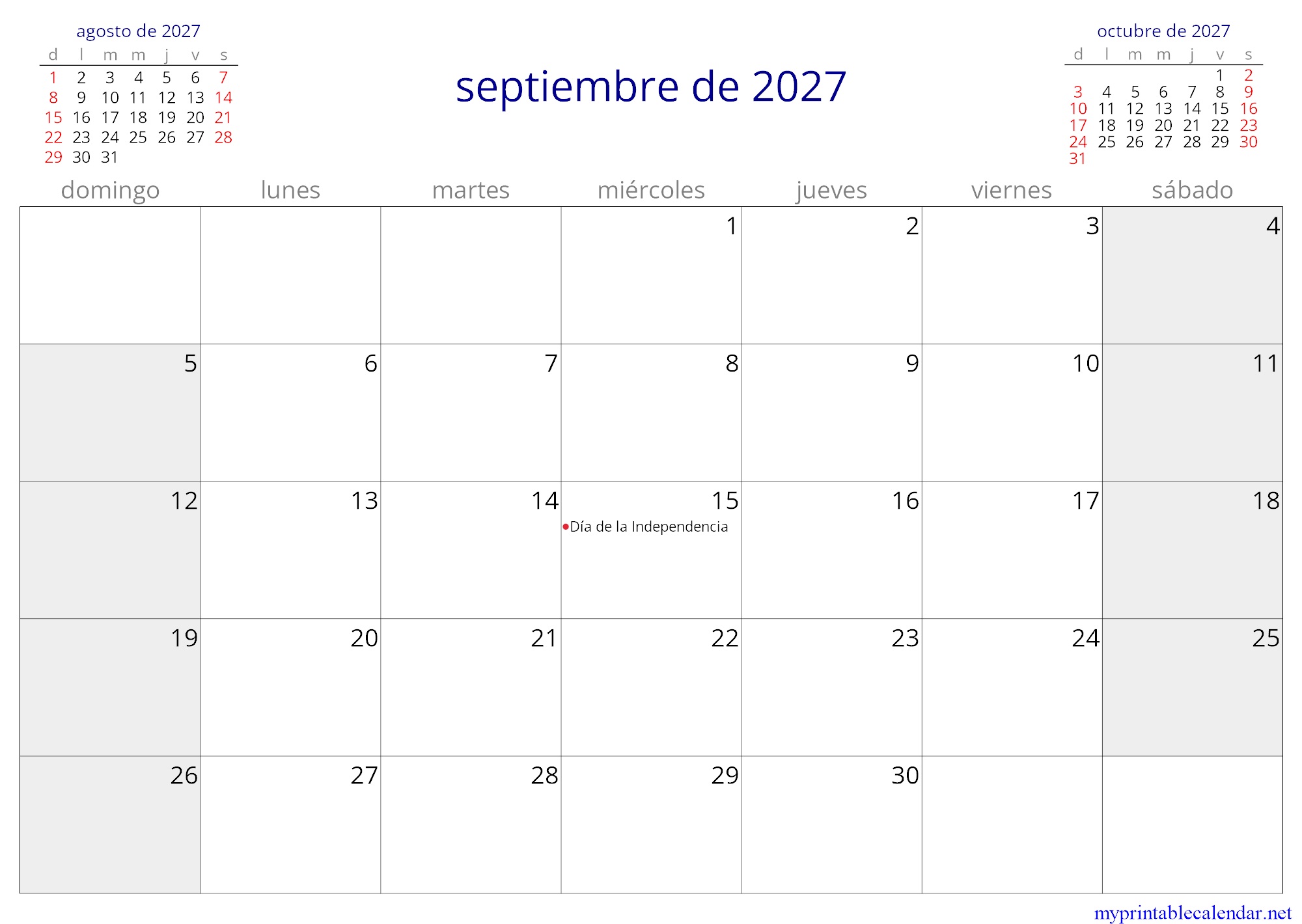 septiembre de 2027 monthly calendar, Costa Rica, Spanish jpg