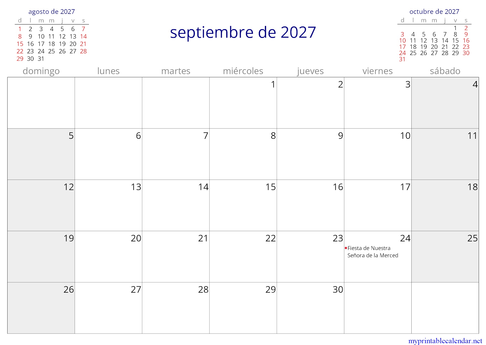 septiembre de 2027 monthly calendar, Dominican Republic, Spanish jpg