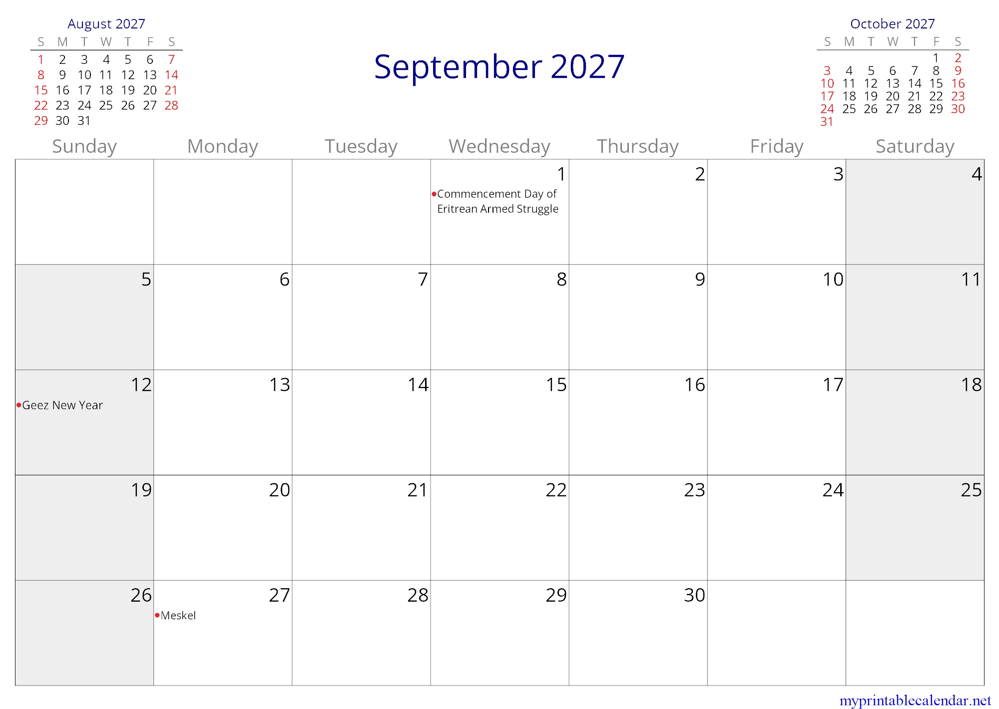 September 2027 monthly calendar, Eritrea, in English jpg