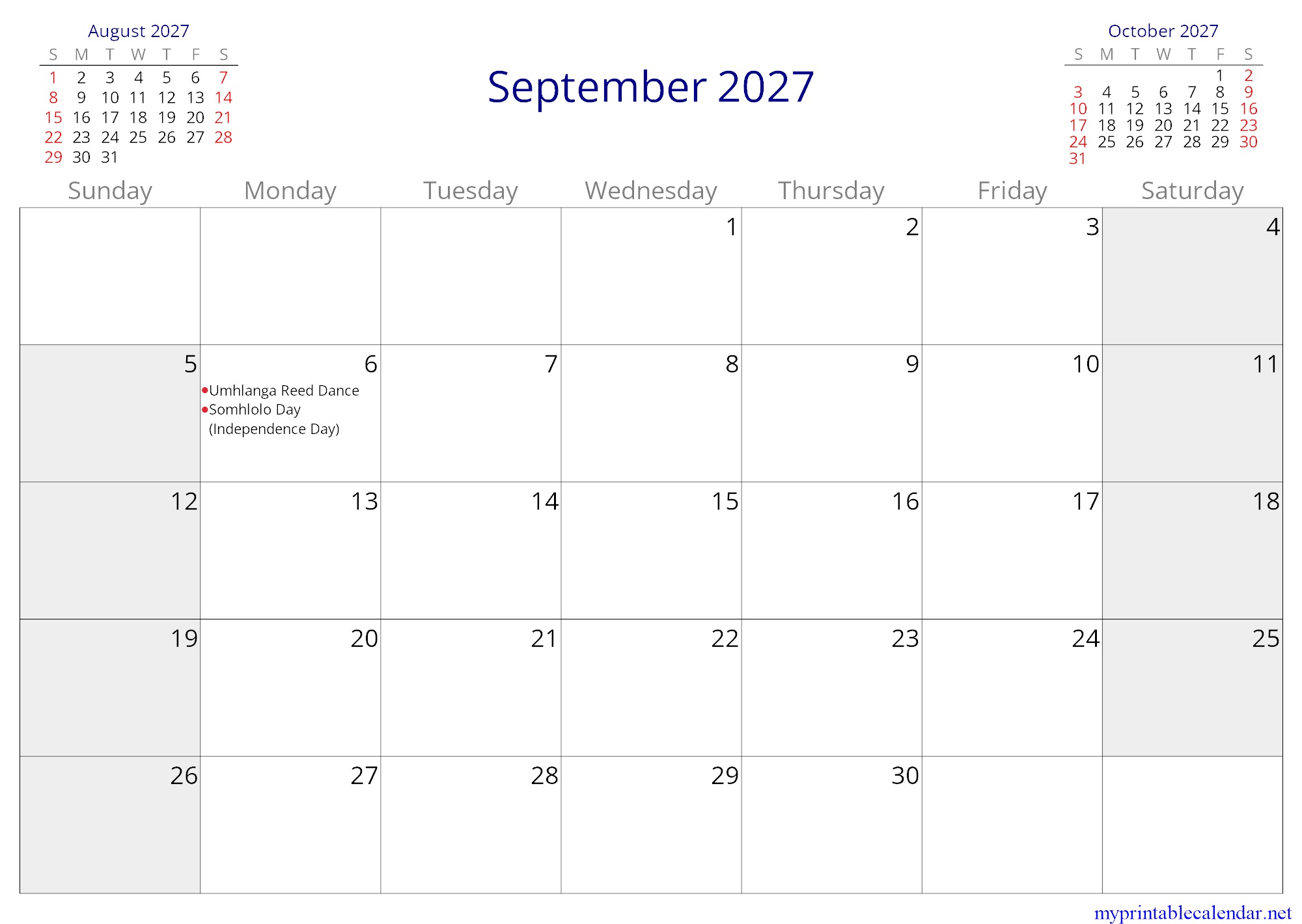 September 2027 monthly calendar, Eswatini, English jpg