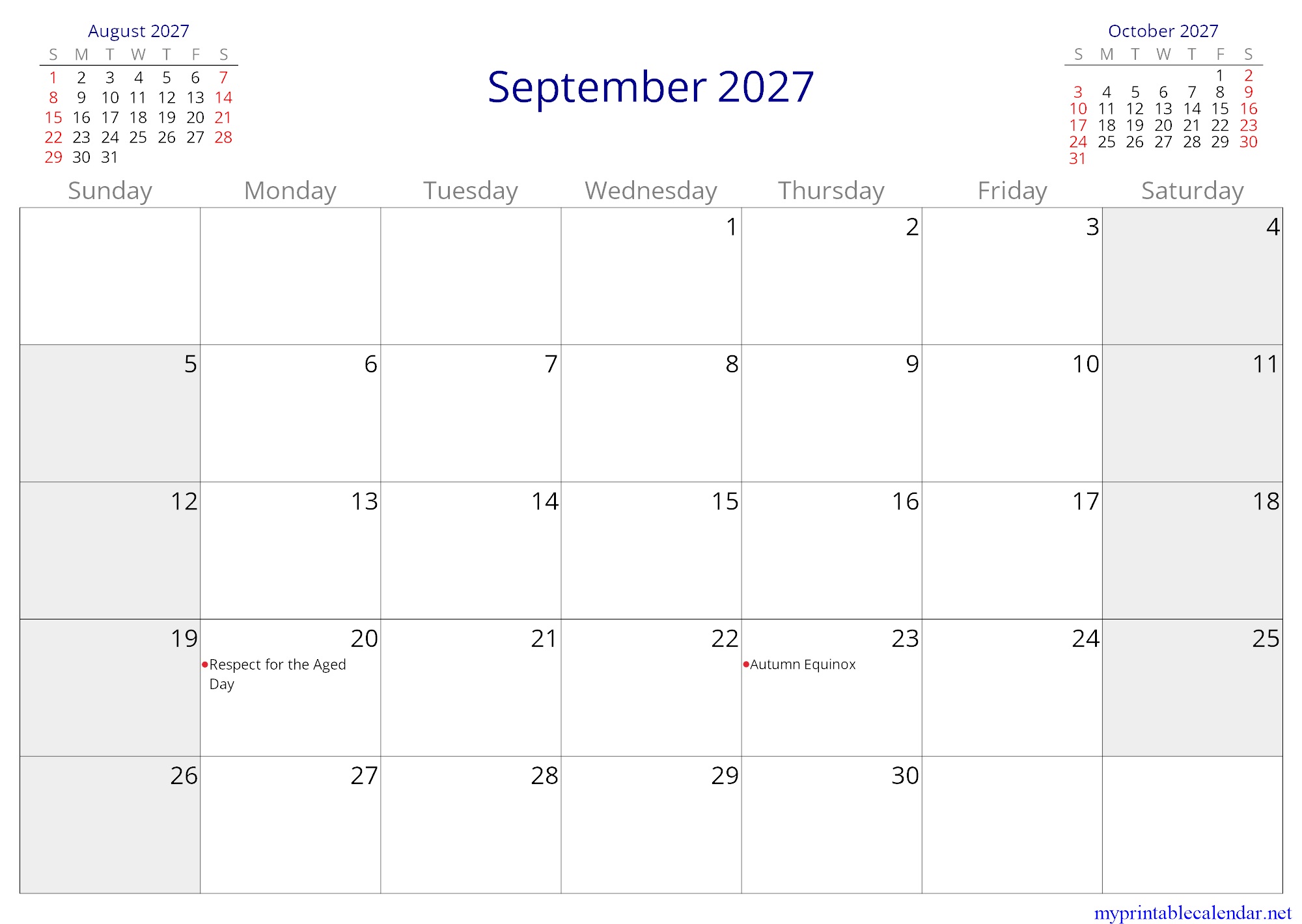 September 2027 monthly calendar, Japan, English jpg