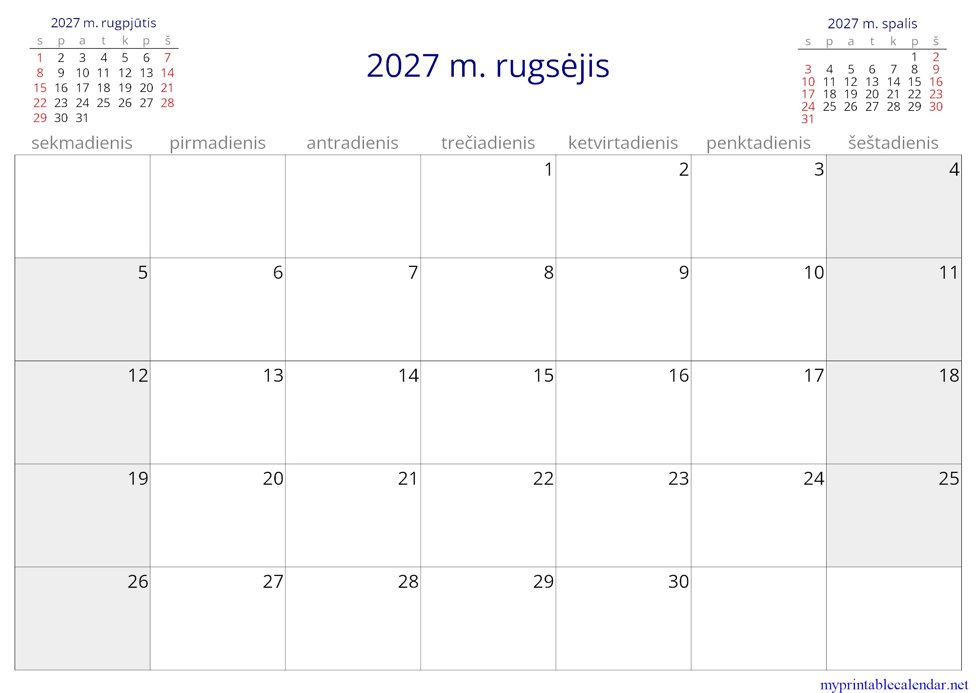 2027 m. rugsėjis monthly calendar, Lithuania, Lithuanian jpg