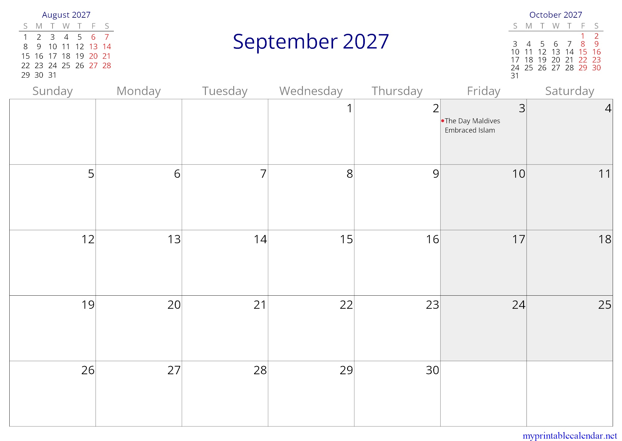 September 2027 monthly calendar, Maldives, English jpg
