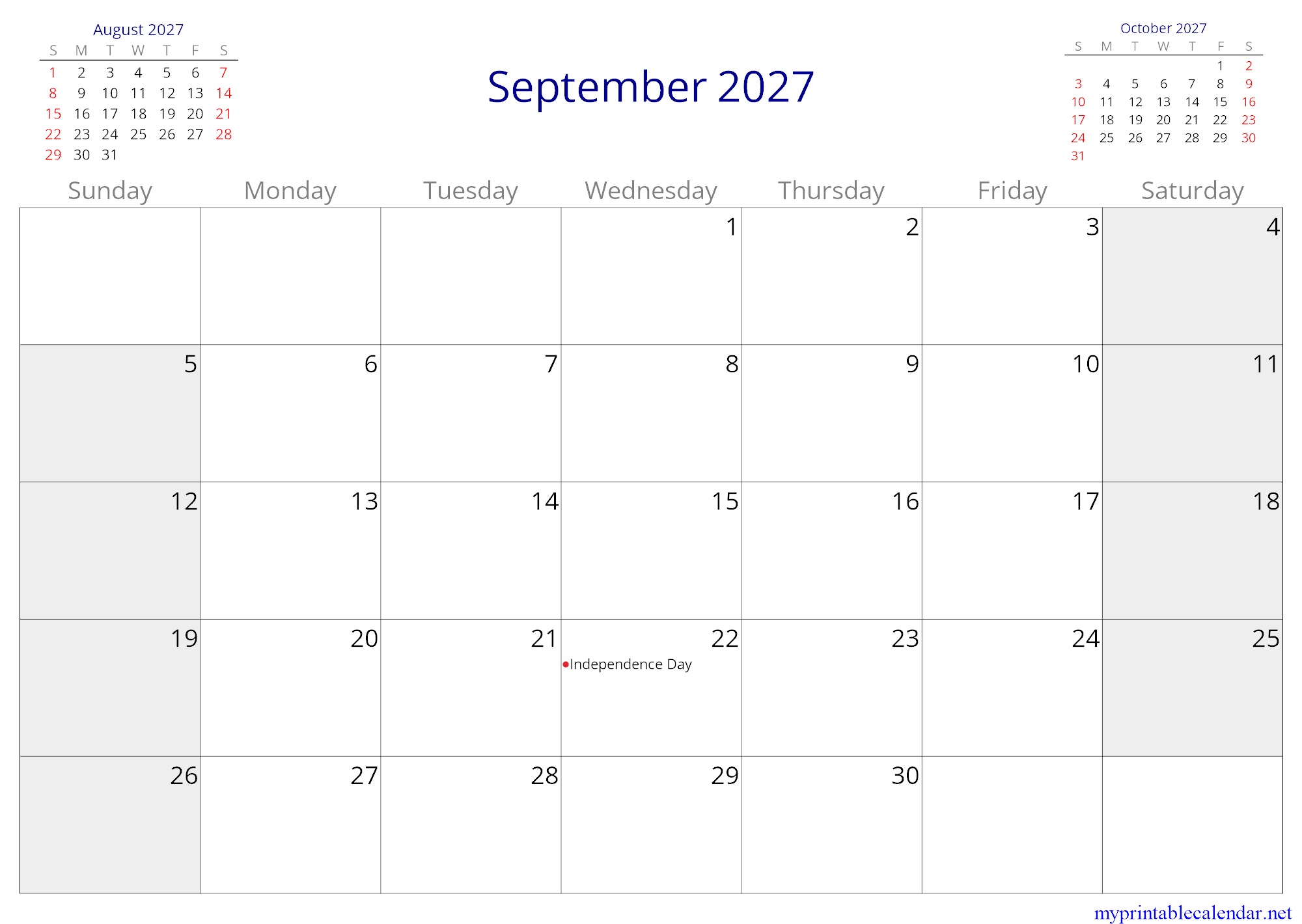 September 2027 monthly calendar, Mali, in English jpg