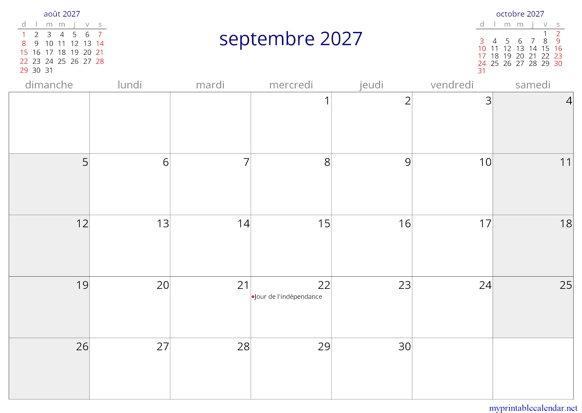 septembre 2027 monthly calendar, Mali, French jpg