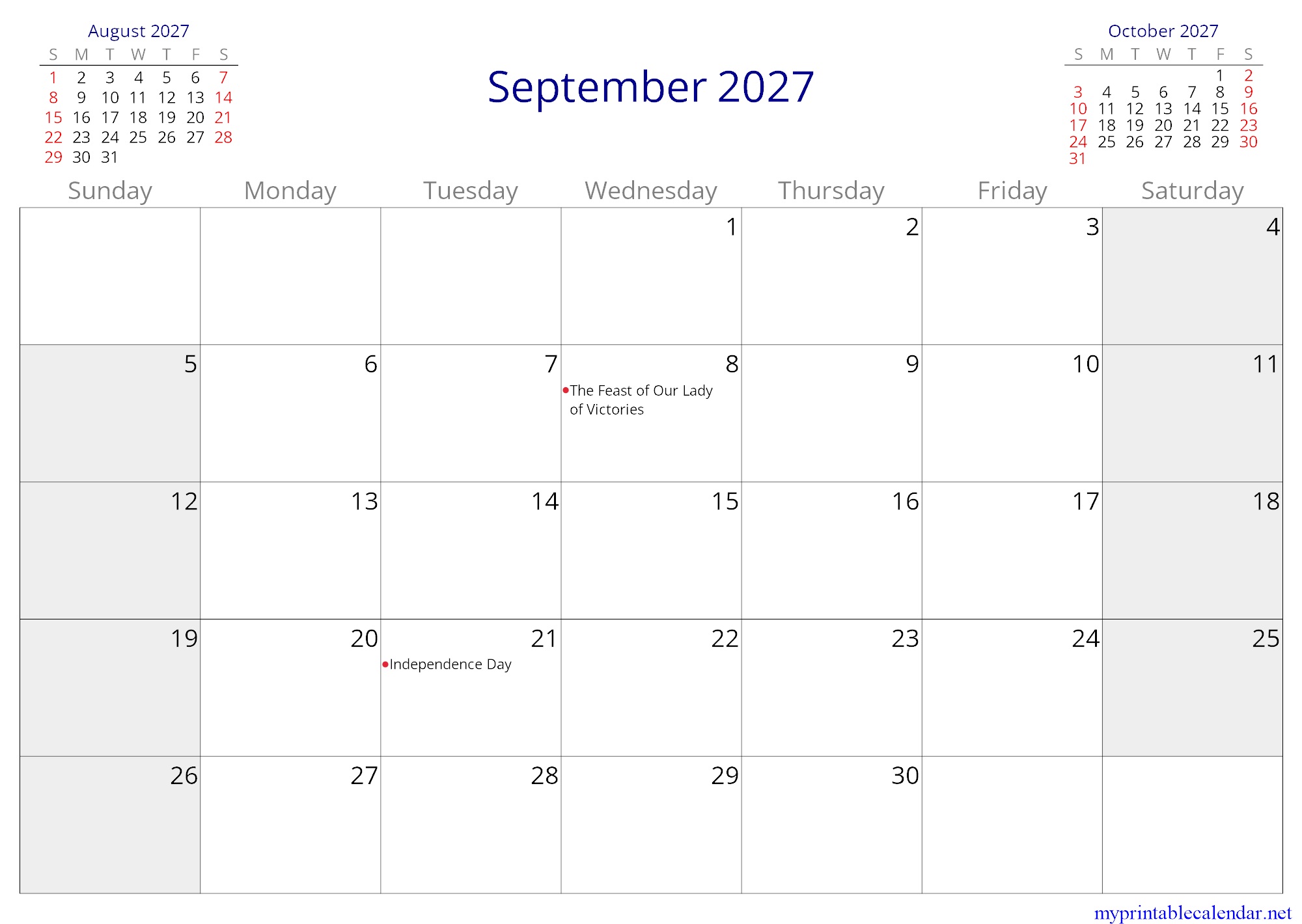 September 2027 monthly calendar, Malta, English jpg