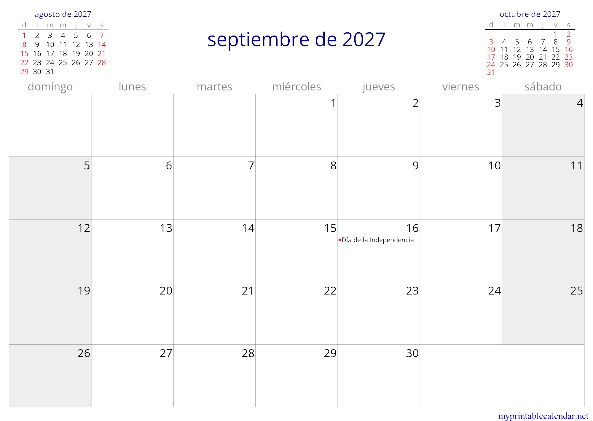 septiembre de 2027 monthly calendar, Mexico, Spanish jpg
