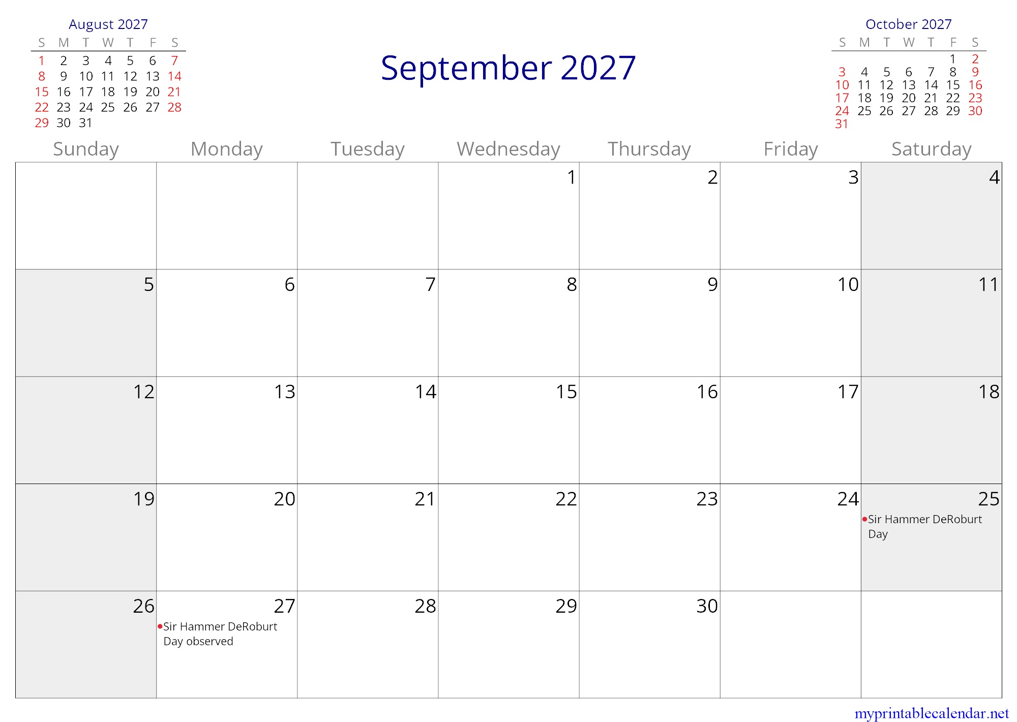 September 2027 monthly calendar, Nauru, English jpg