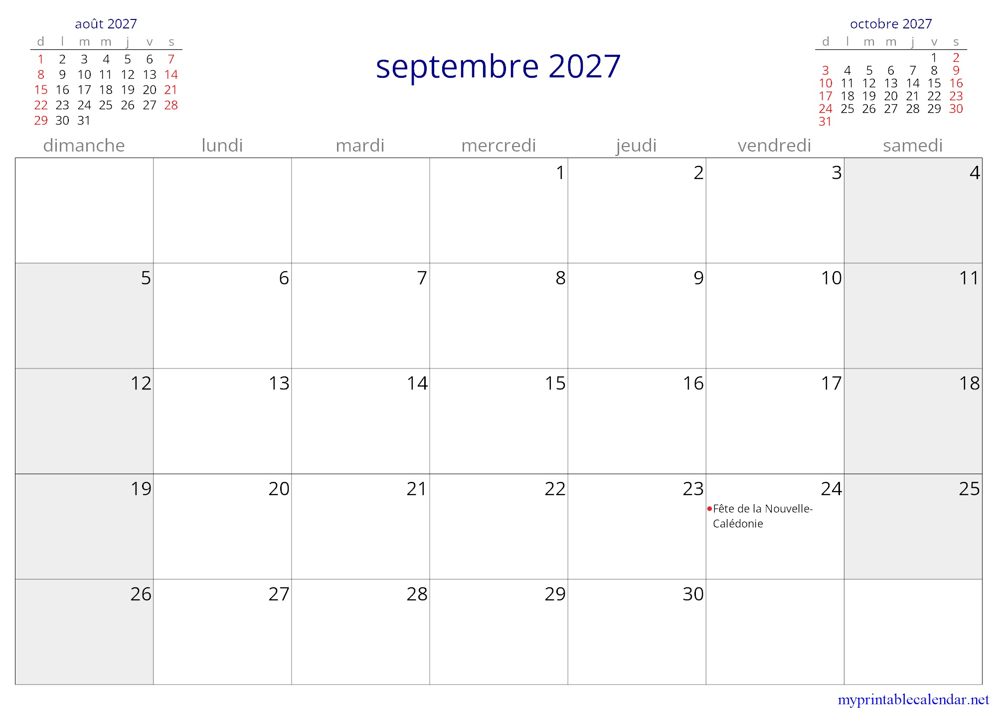 septembre 2027 monthly calendar, New Caledonia, French jpg