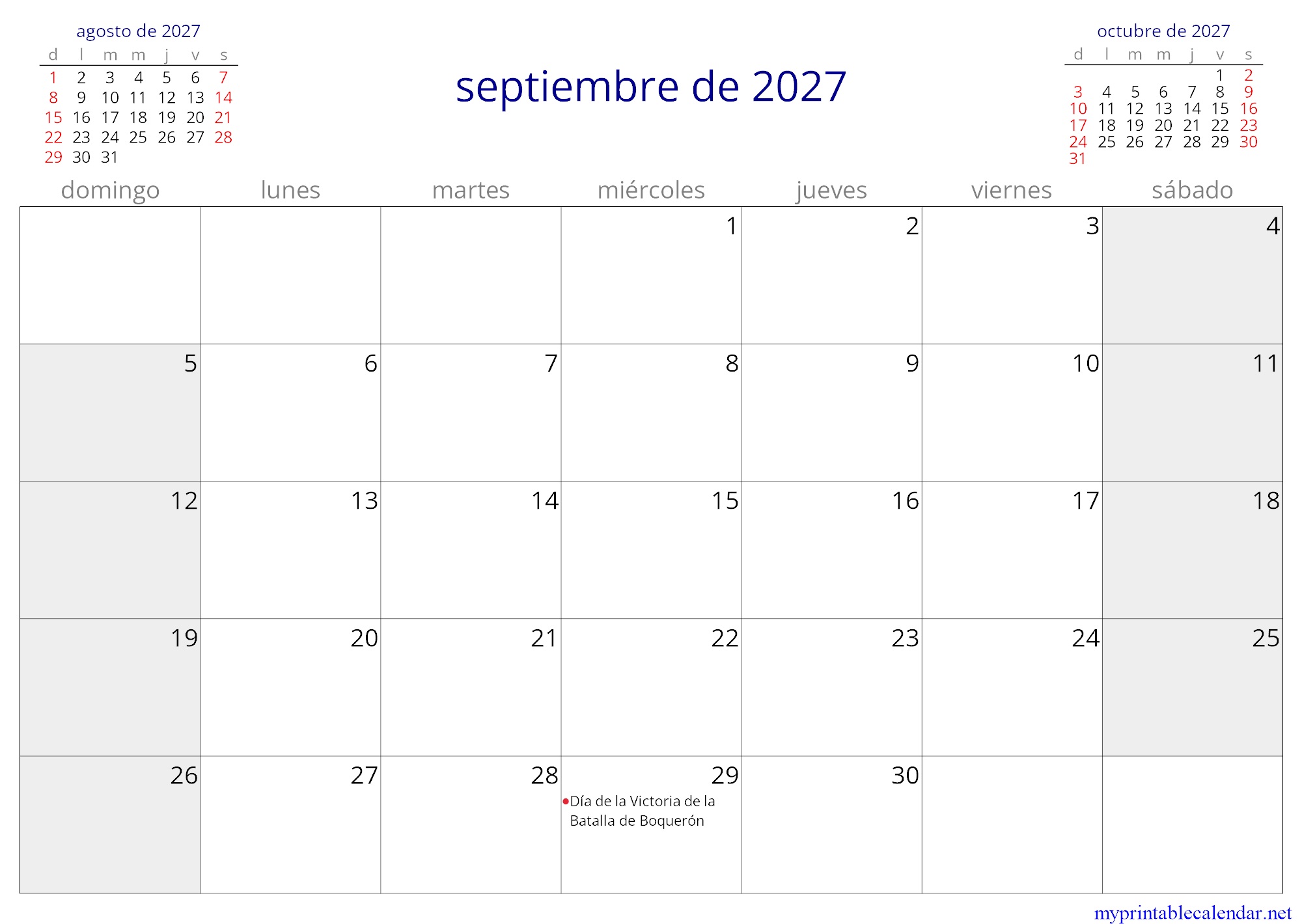 septiembre de 2027 monthly calendar, Paraguay, Spanish jpg