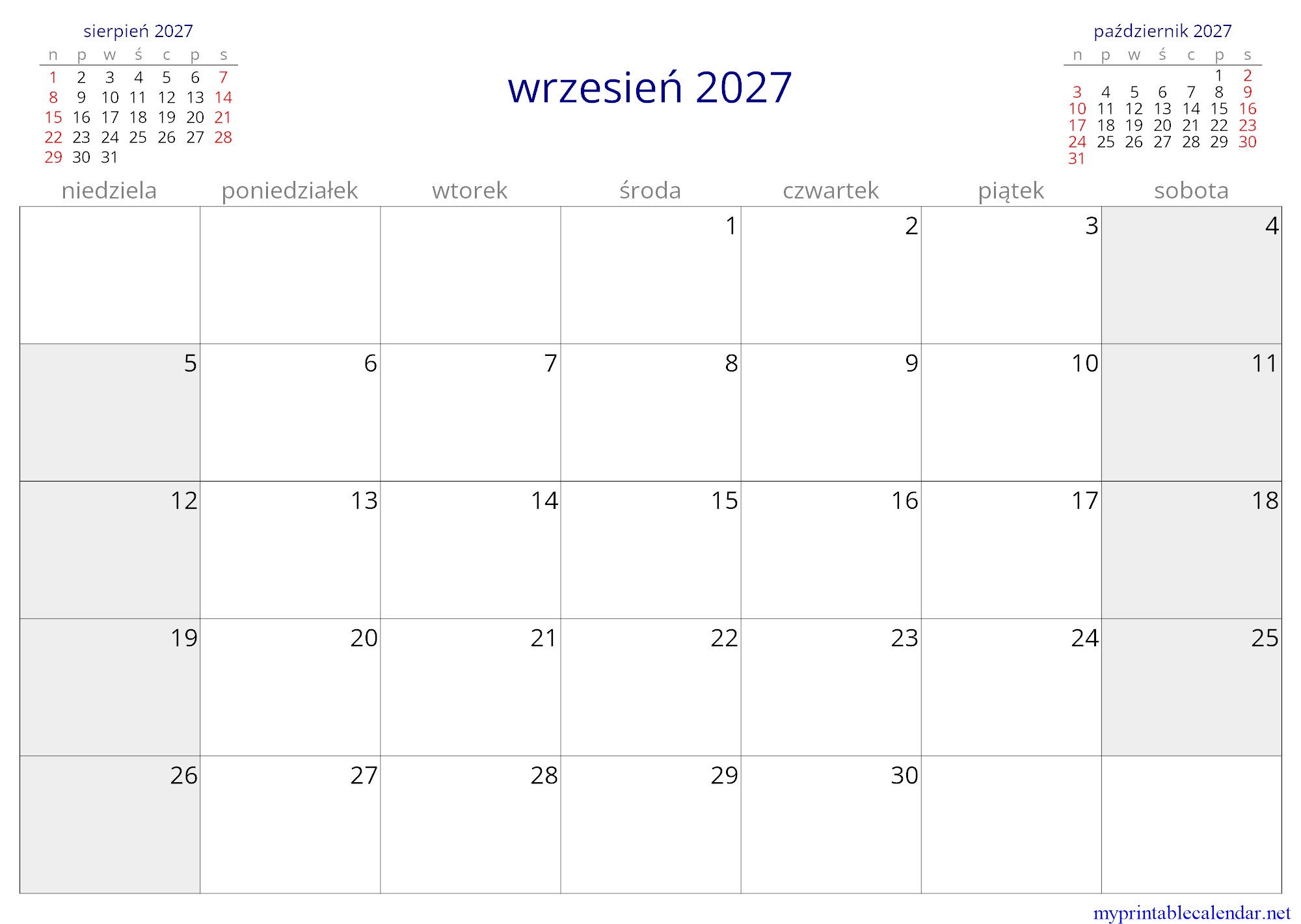 wrzesień 2027 monthly calendar, Poland, Polish jpg