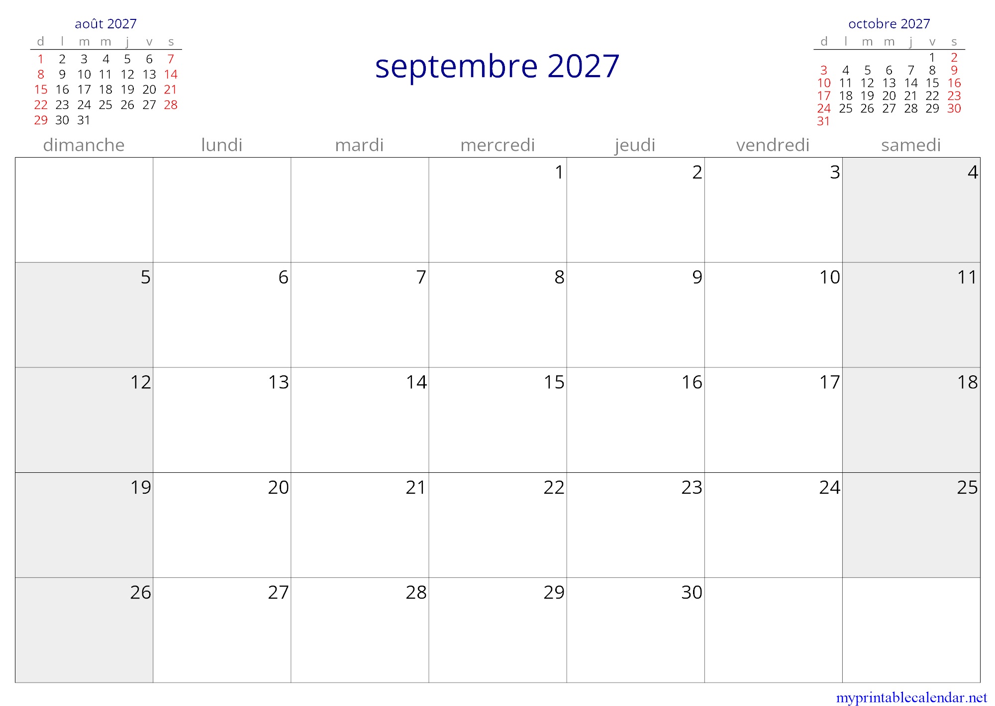 septembre 2027 monthly calendar, Saint Martin, French jpg