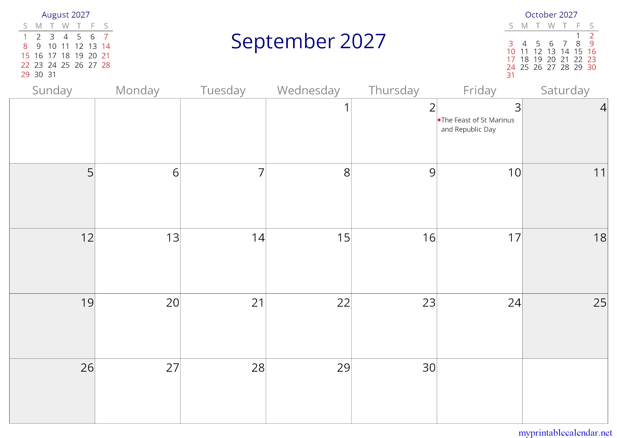 September 2027 monthly calendar, San Marino, in English jpg