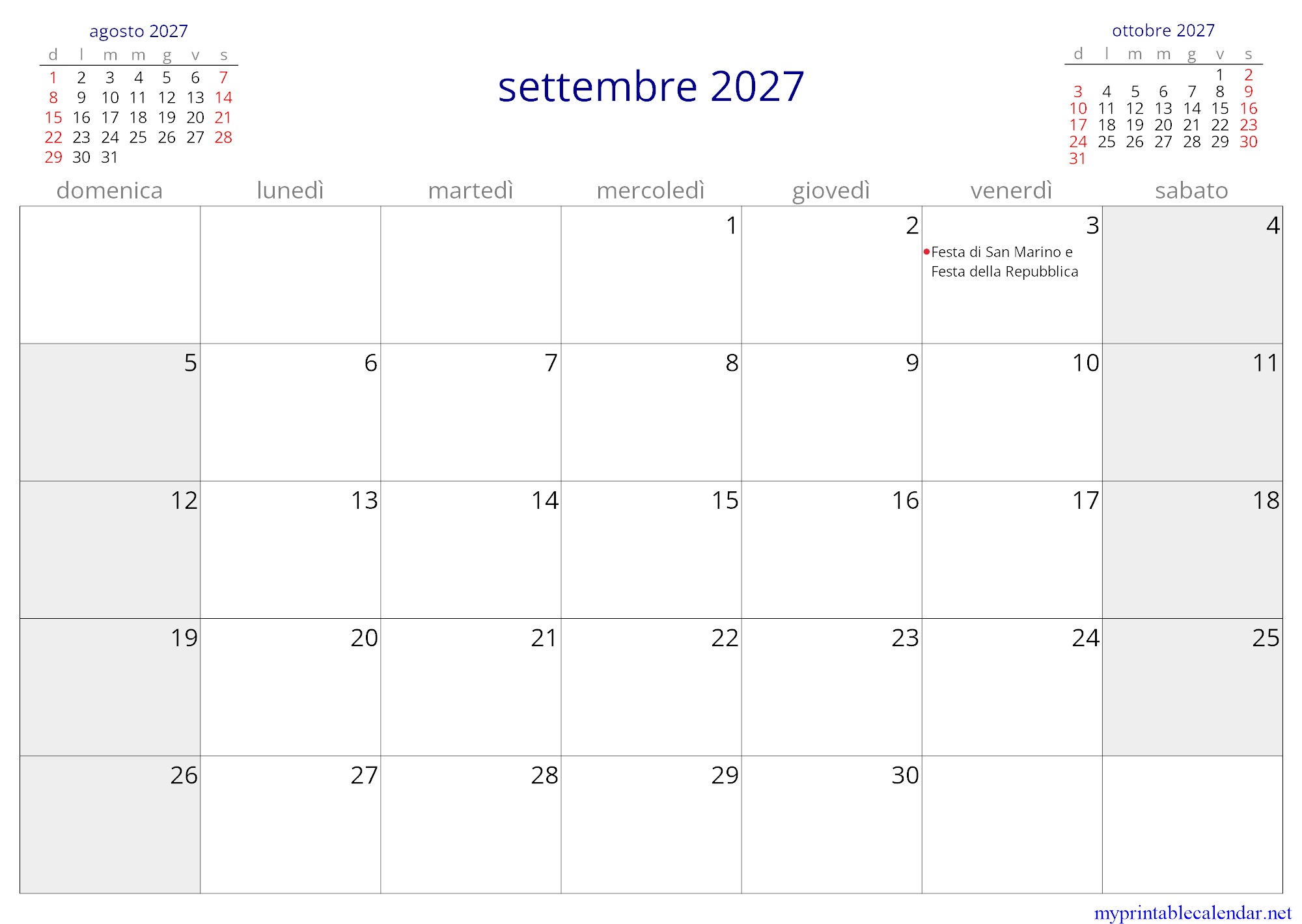 settembre 2027 monthly calendar, San Marino, Italian jpg
