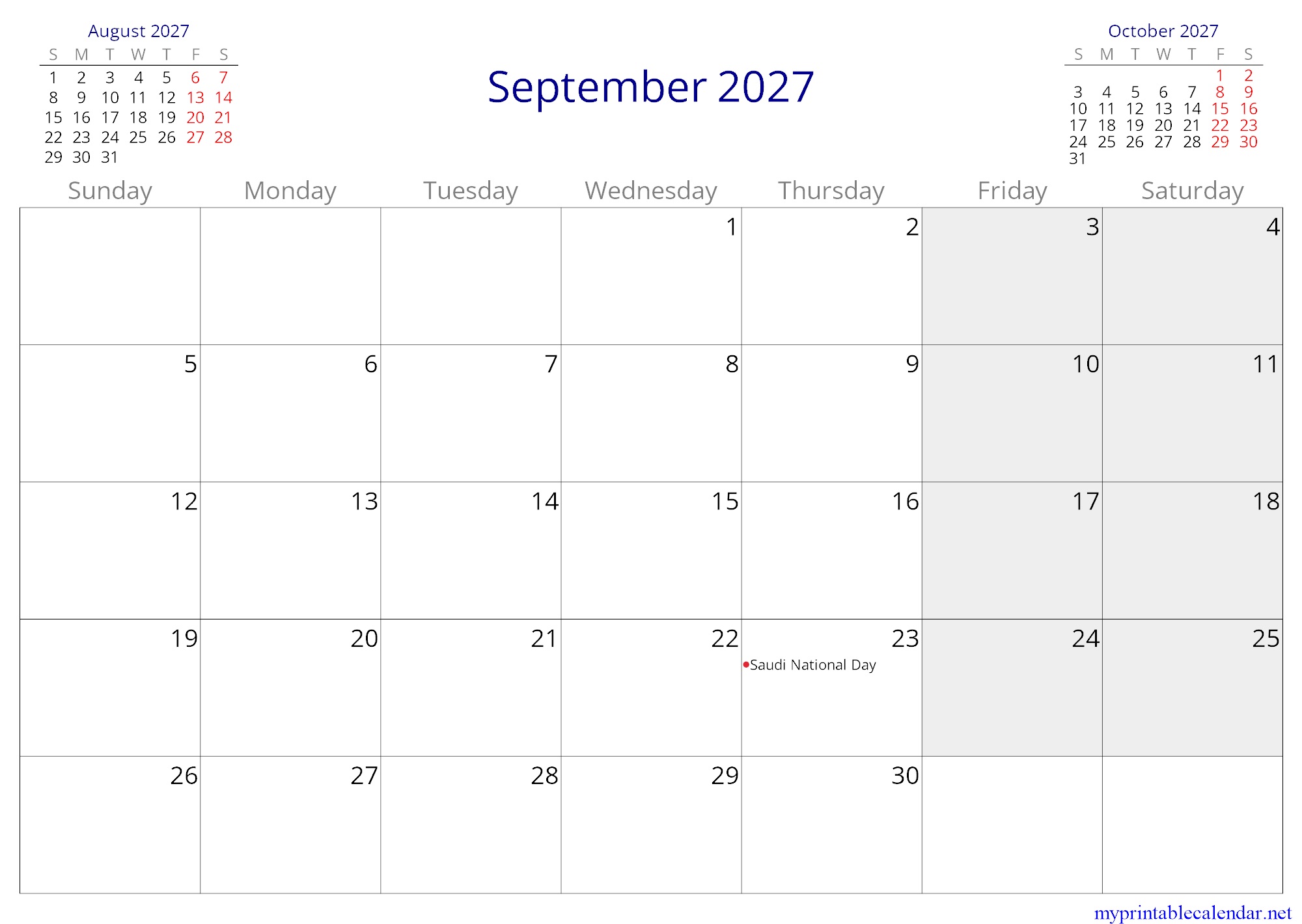 September 2027 monthly calendar, Saudi Arabia, in English jpg