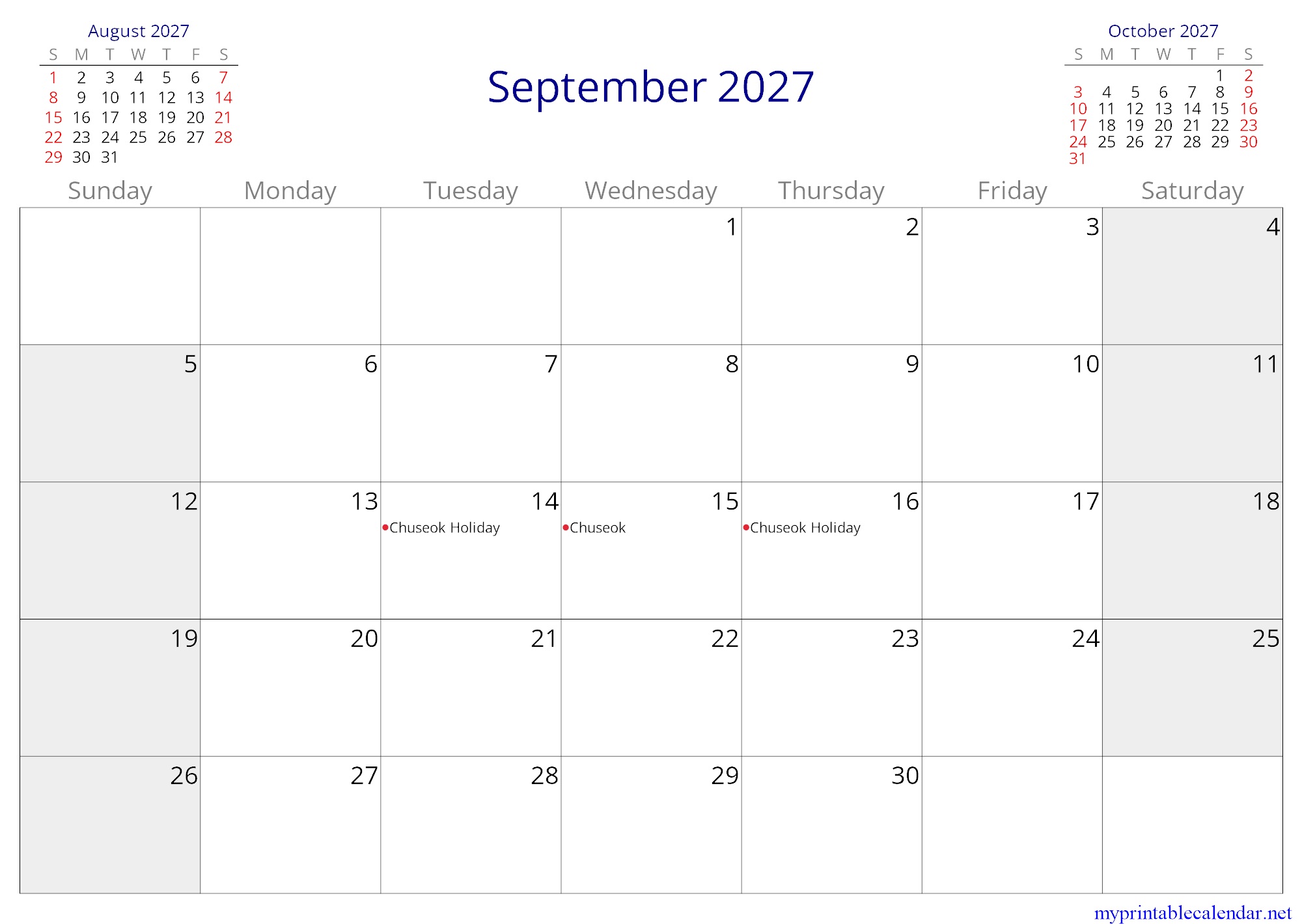 September 2027 monthly calendar, South Korea, in English jpg