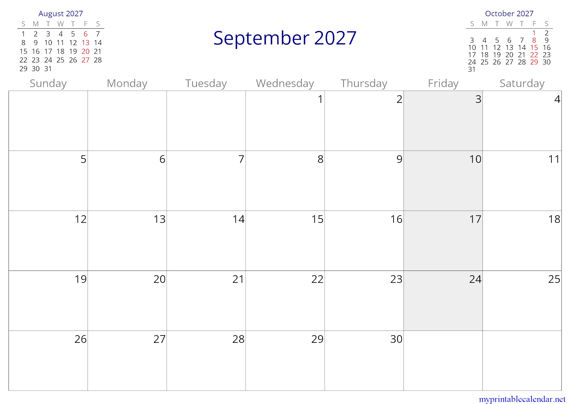 September 2027 monthly calendar, Sudan, English jpg