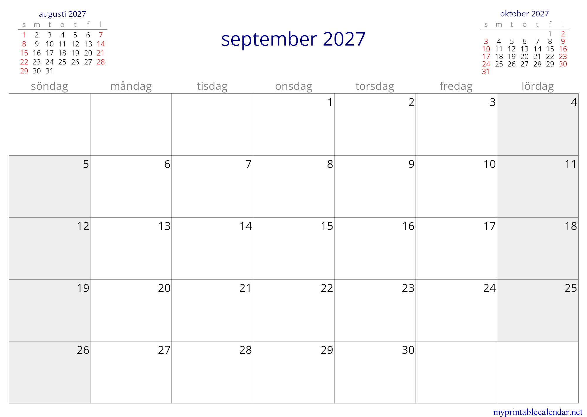 september 2027 monthly calendar, Sweden, Swedish jpg