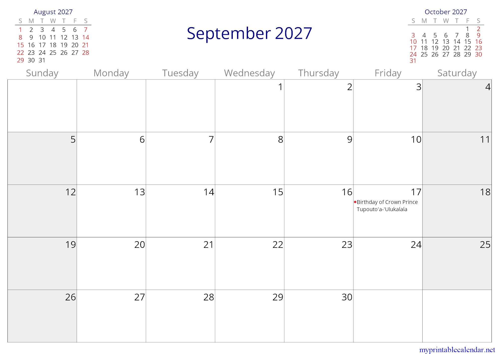 September 2027 monthly calendar, Tonga, English jpg
