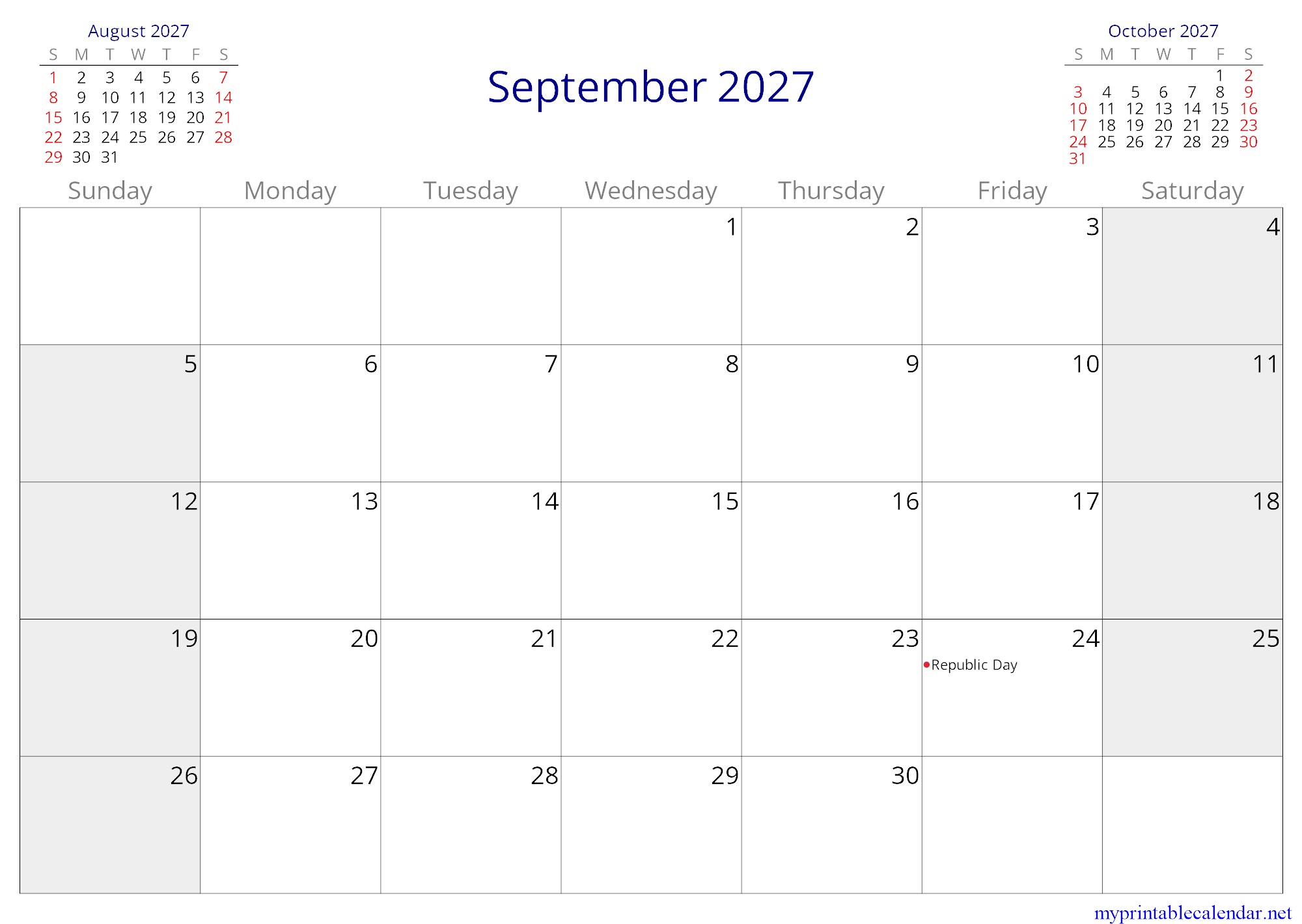 September 2027 monthly calendar, Trinidad and Tobago, English jpg