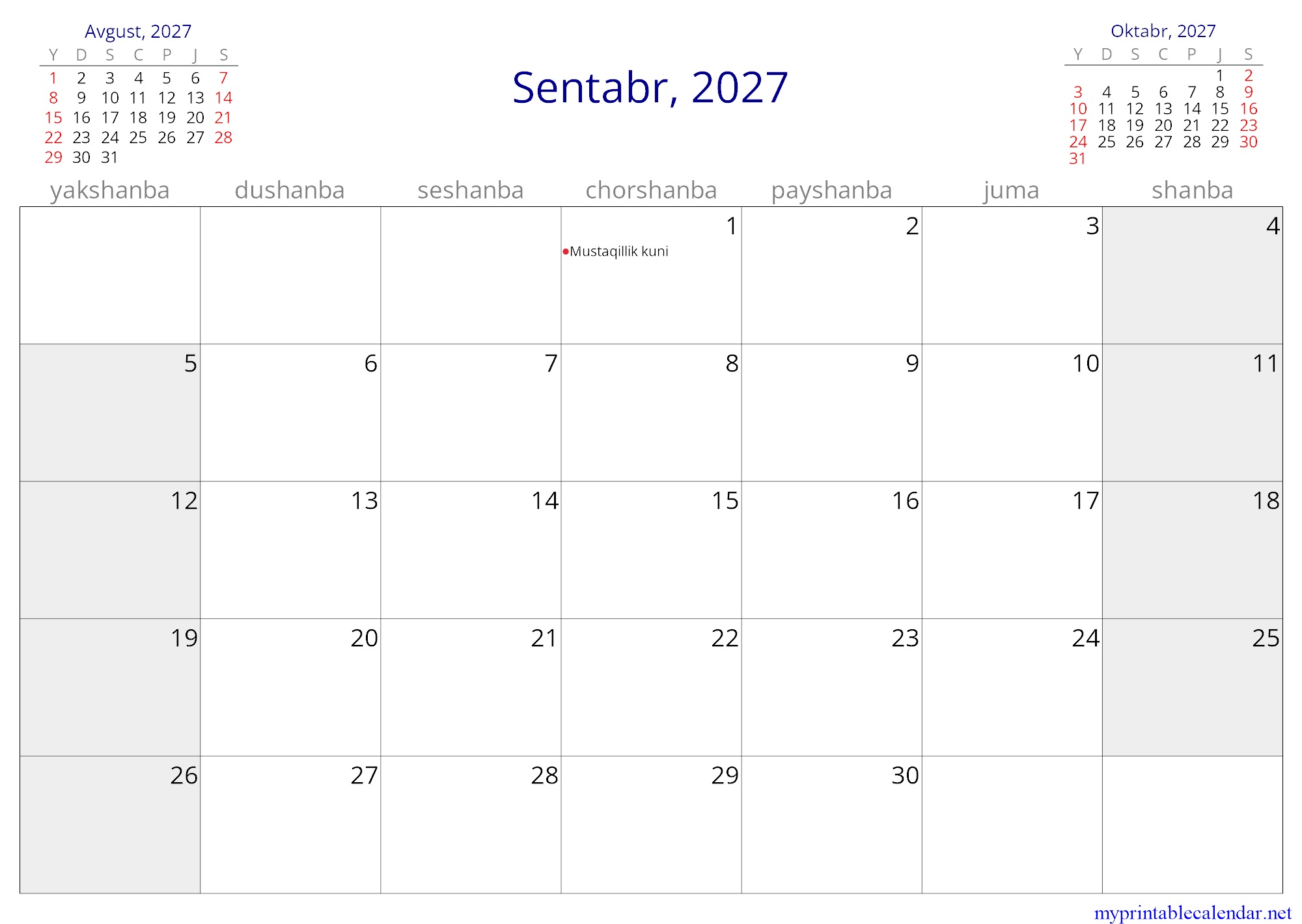 Sentabr, 2027 monthly calendar, Uzbekistan, Uzbek (Latin, Uzbekistan) jpg