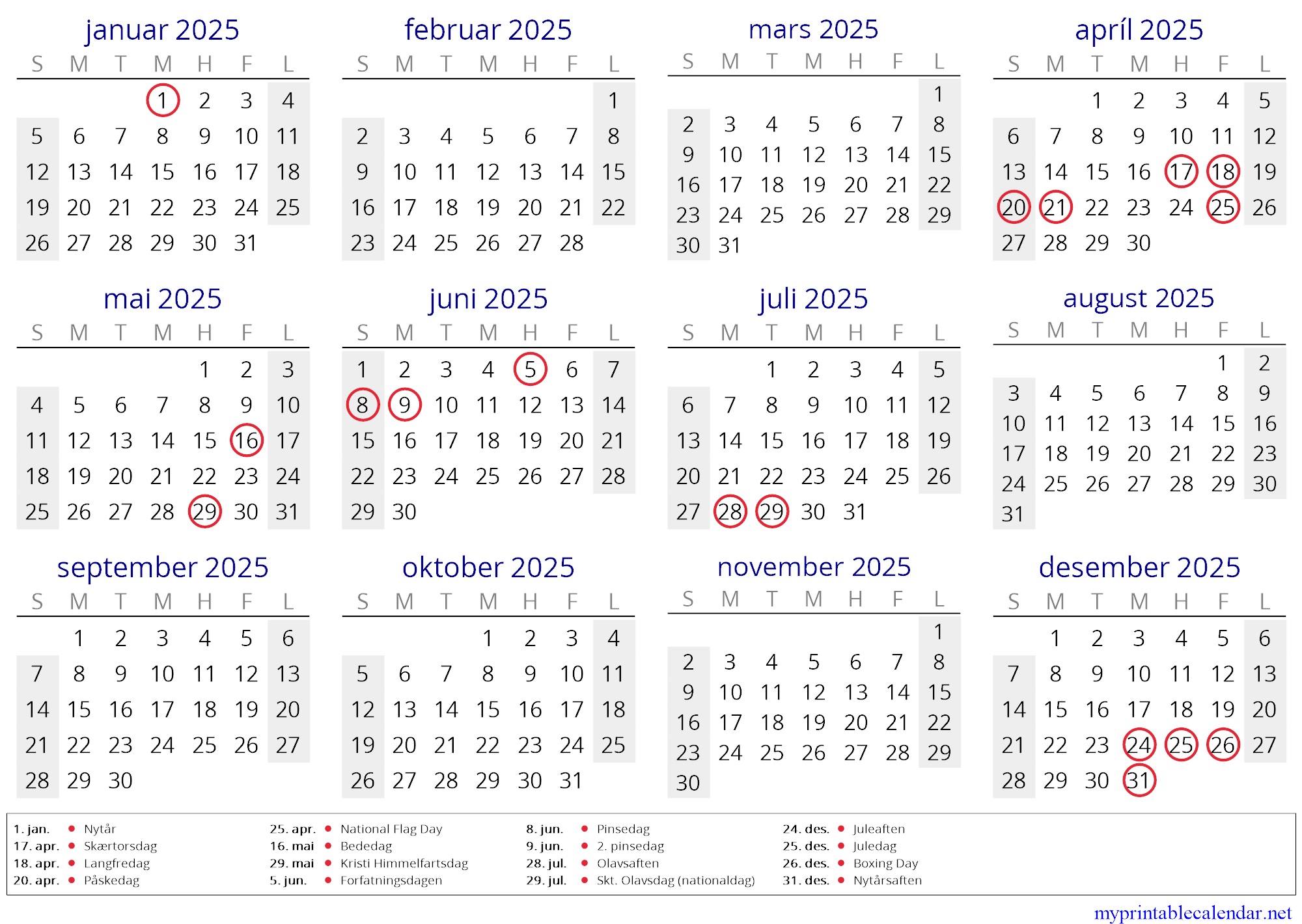 Yearly calendar for 2025, Faroe Islands, Faroese jpg