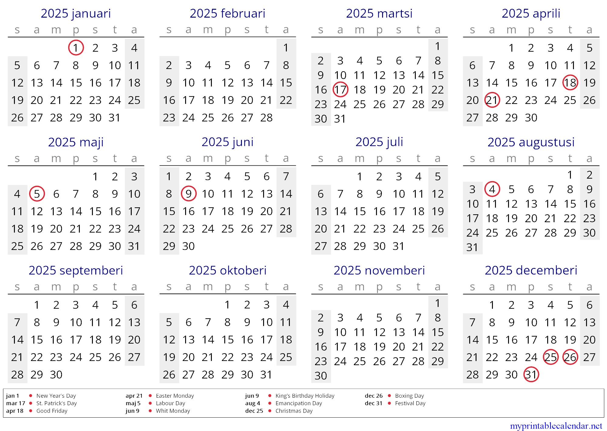 Yearly calendar for 2025, Montserrat, Kalaallisut jpg