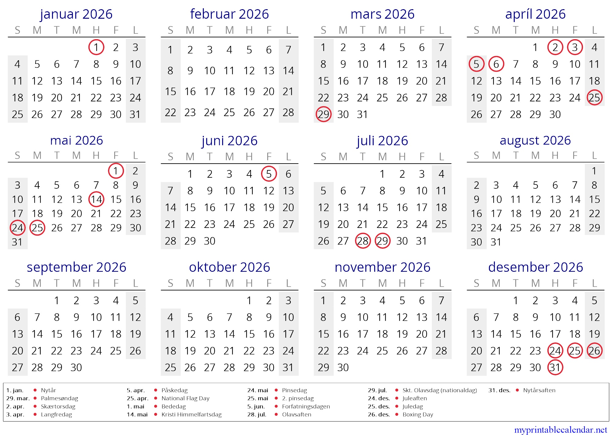 Yearly calendar for 2026, Faroe Islands, Faroese jpg