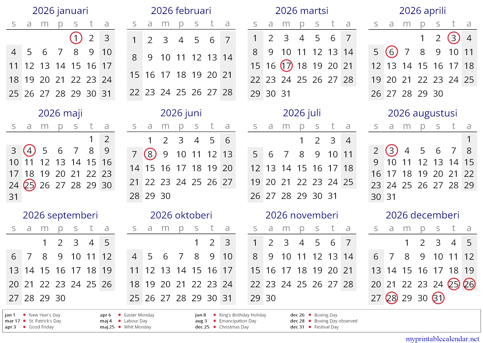 Yearly calendar for 2026, Montserrat, Kalaallisut jpg