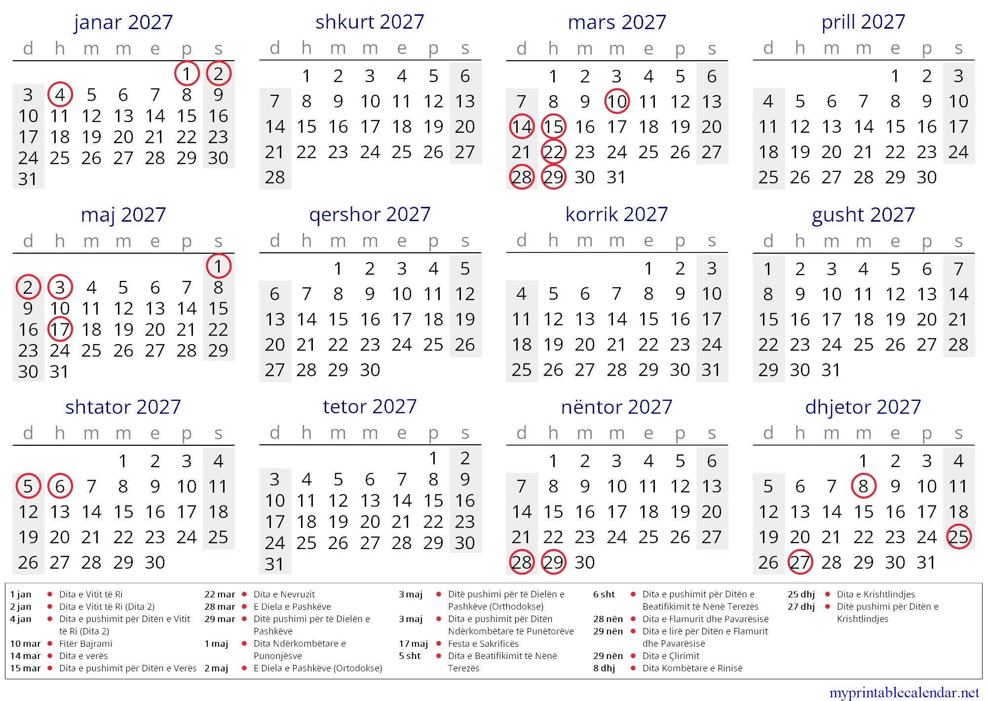 Yearly calendar for 2027, Albania, Albanian jpg