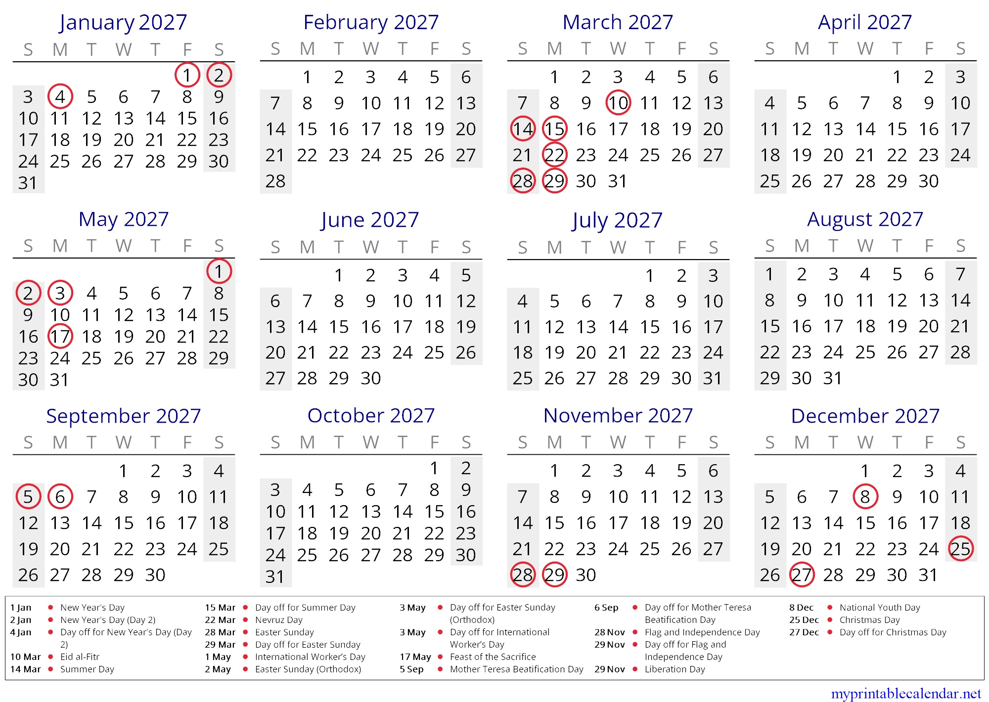 Yearly calendar for 2027, Albania, in English jpg
