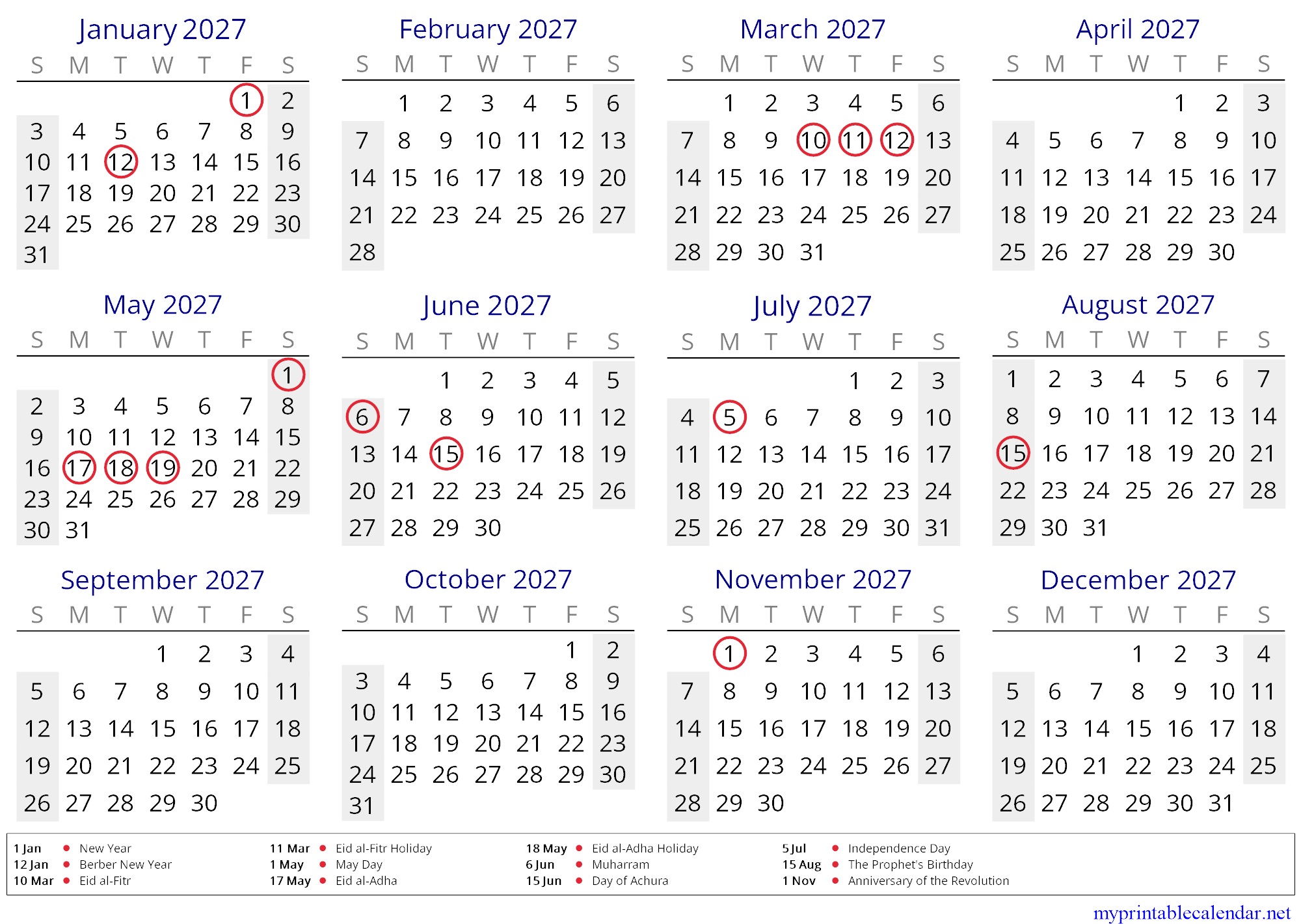 Yearly calendar for 2027, Algeria, in English jpg