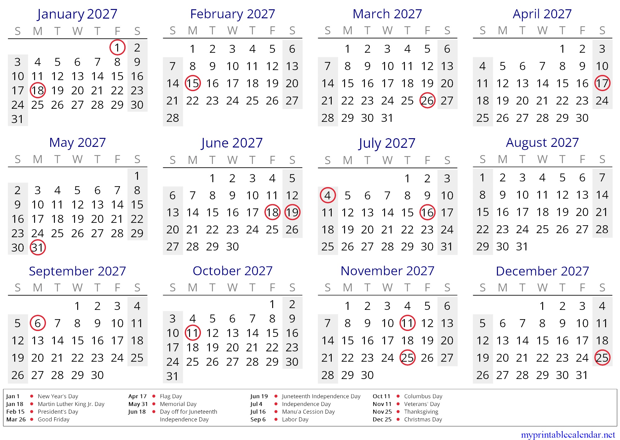 Yearly calendar for 2027, American Samoa, English (US, CA) jpg