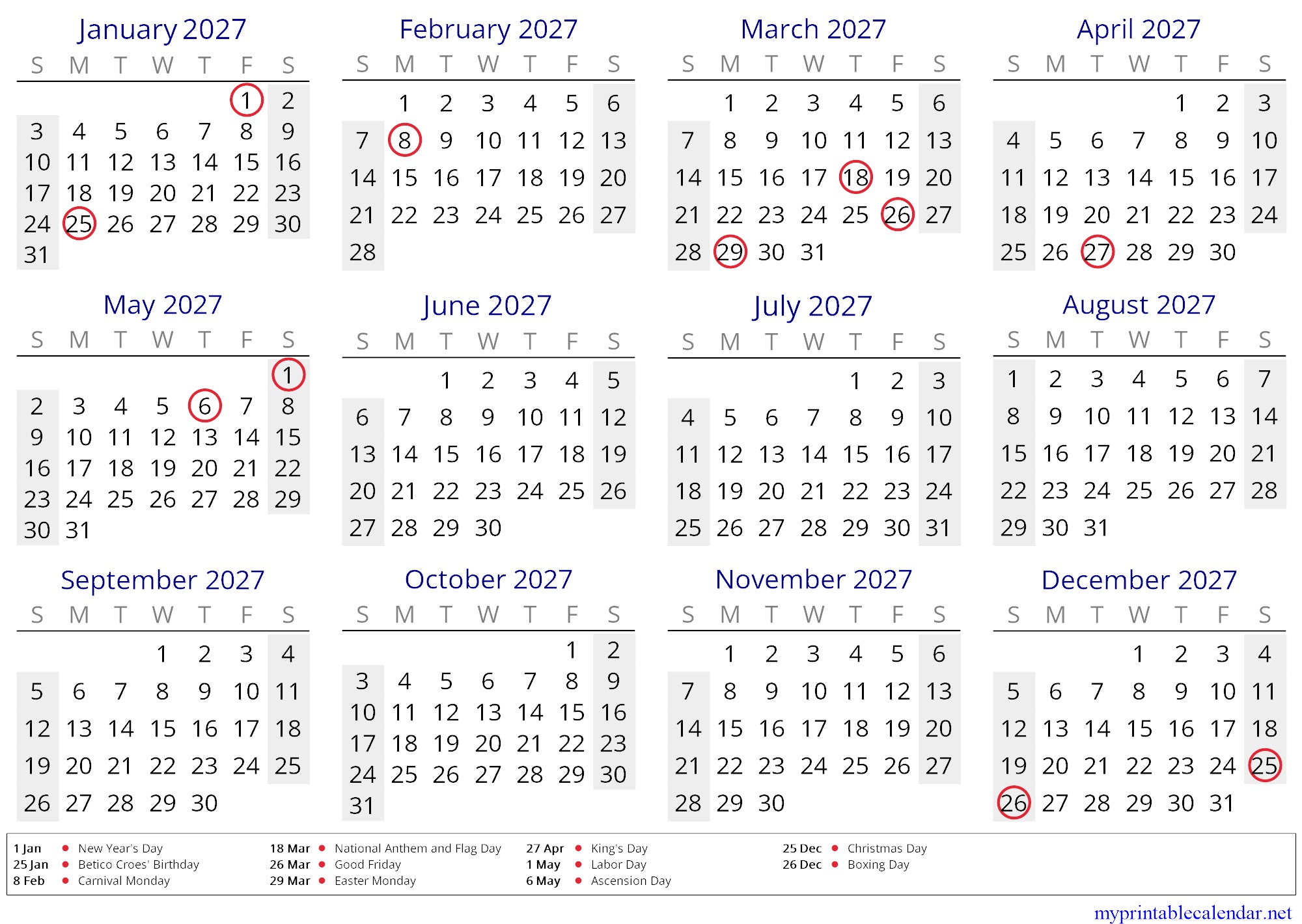 Yearly calendar for 2027, Aruba, in English jpg