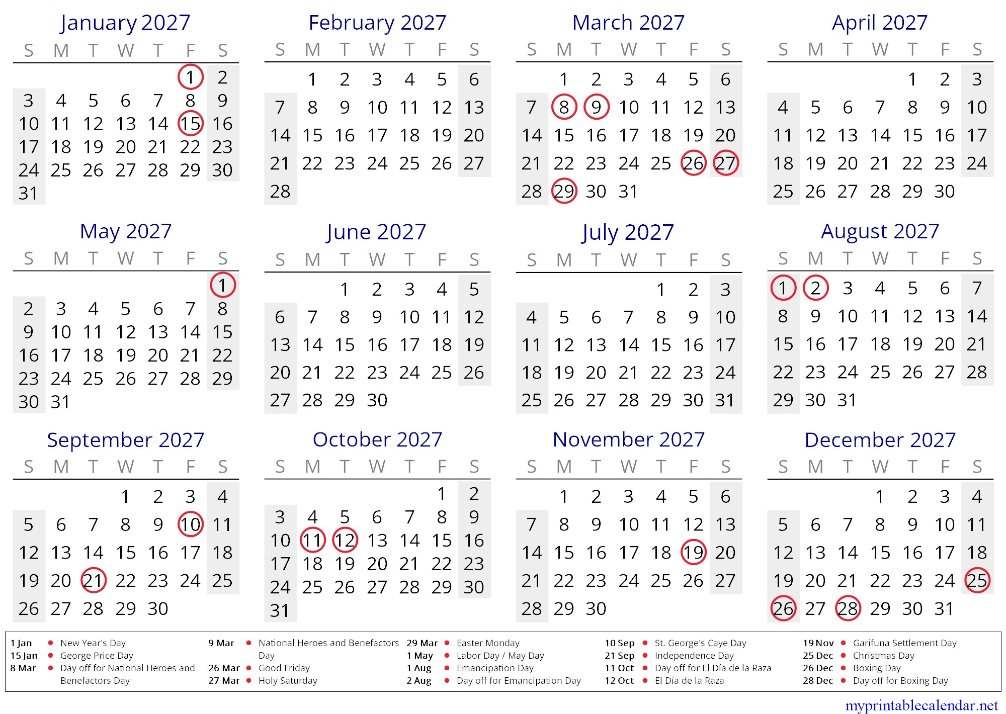 Yearly calendar for 2027, Belize, English jpg