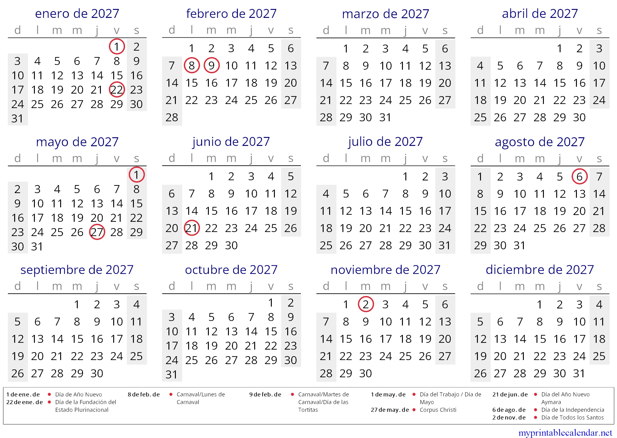 Yearly calendar for 2027, Bolivia, Spanish jpg