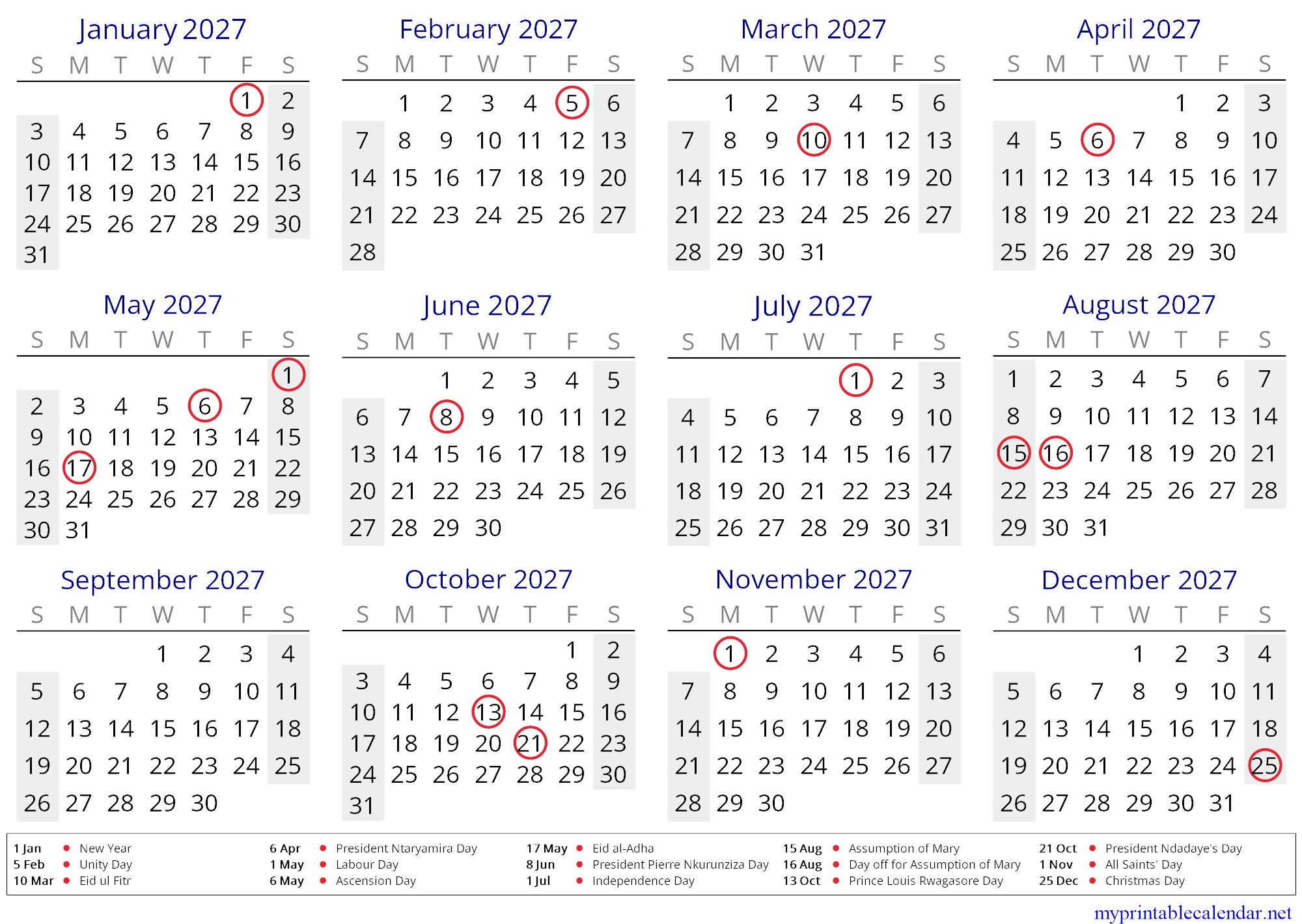 Yearly calendar for 2027, Burundi, English jpg