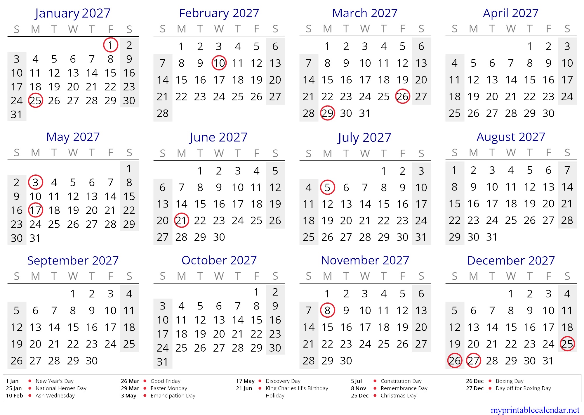 Yearly calendar for 2027, Cayman Islands, English jpg