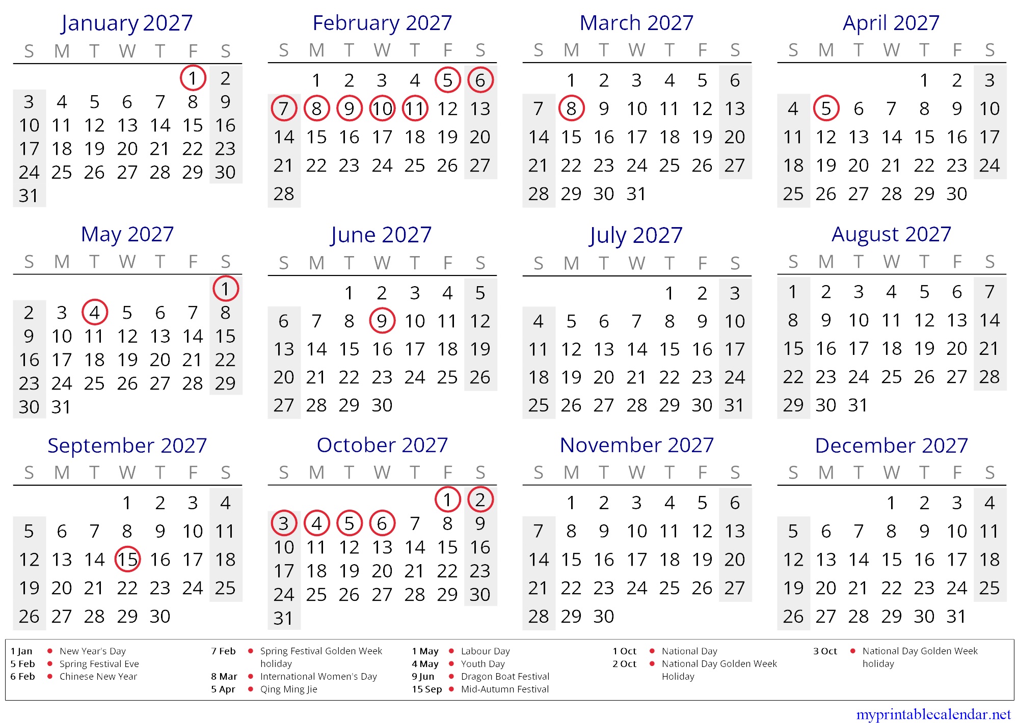 Yearly calendar for 2027, China, English jpg