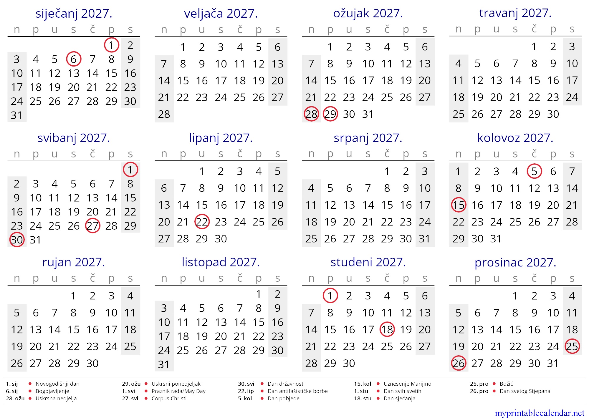 Yearly calendar for 2027, Croatia, Croatian jpg