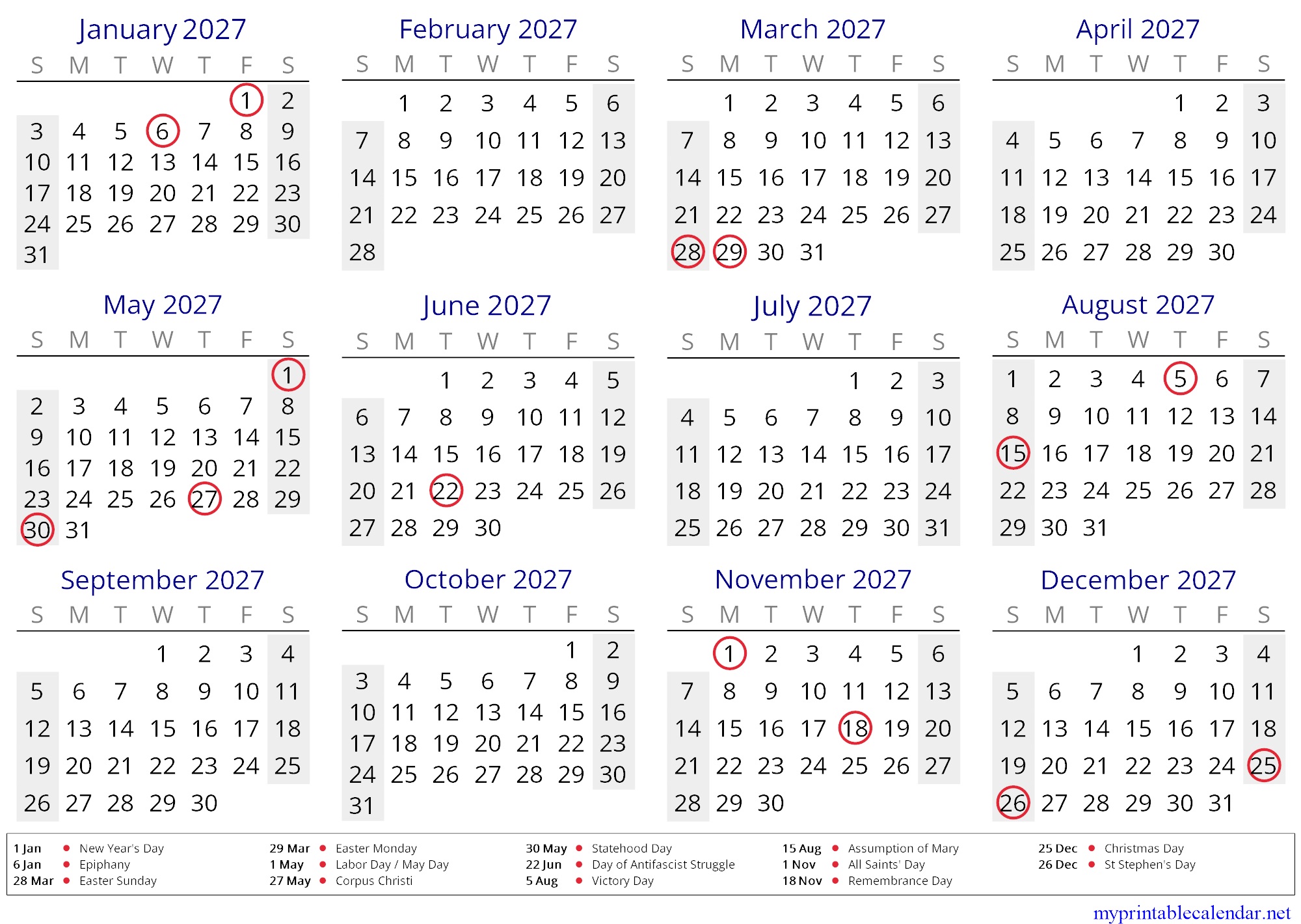 Yearly calendar for 2027, Croatia, in English jpg