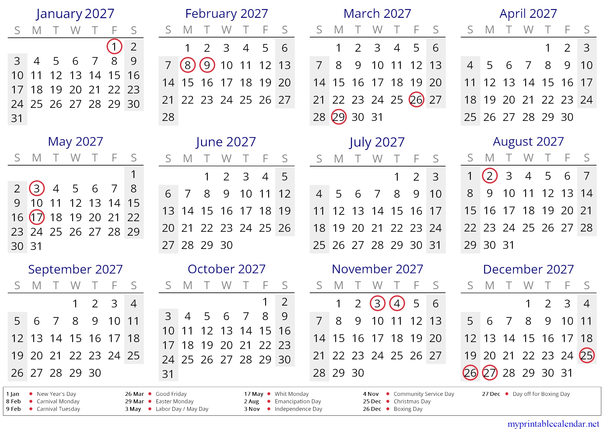 Yearly calendar for 2027, Dominica, English jpg