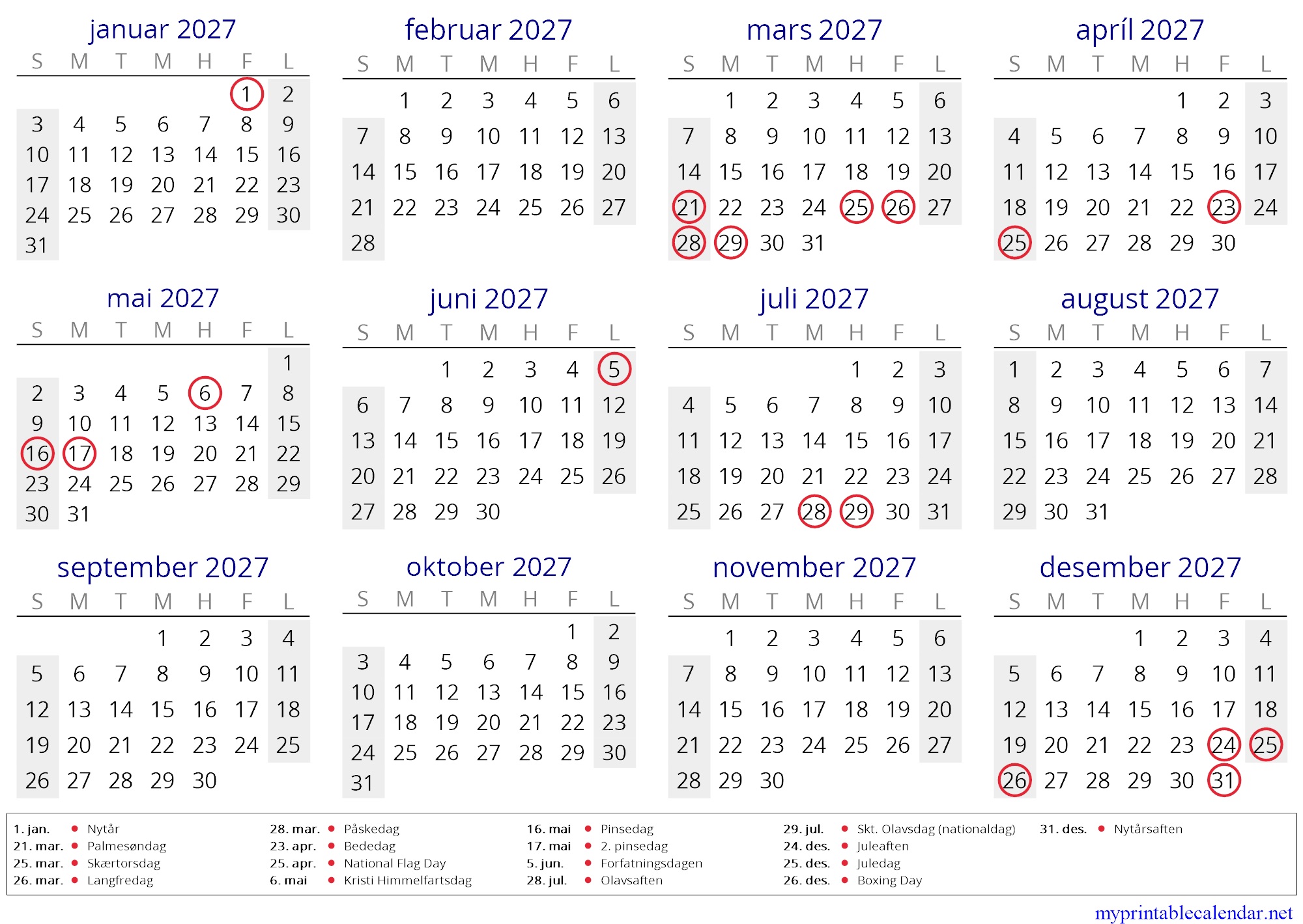 Yearly calendar for 2027, Faroe Islands, Faroese jpg