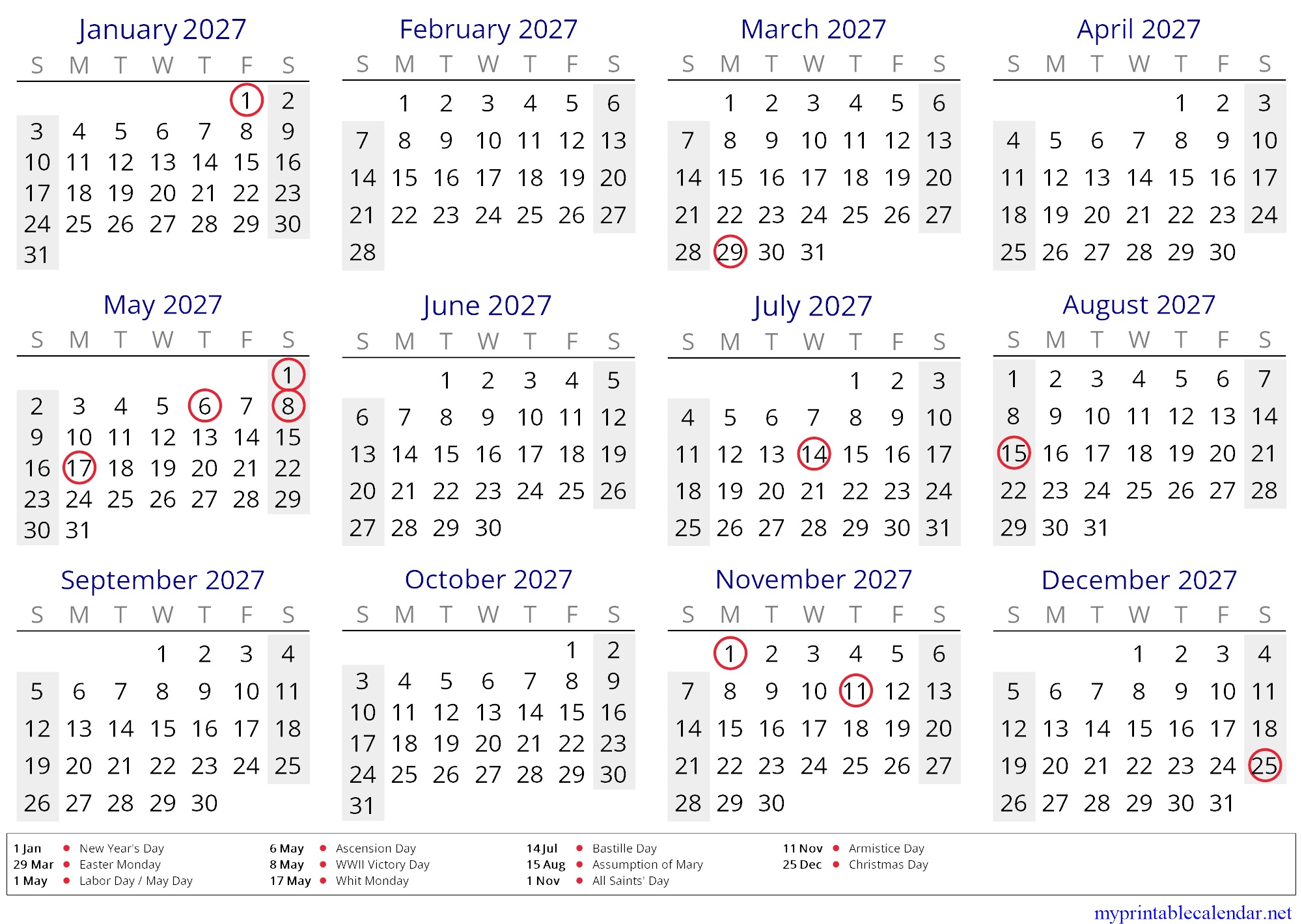 Yearly calendar for 2027, France, in English jpg