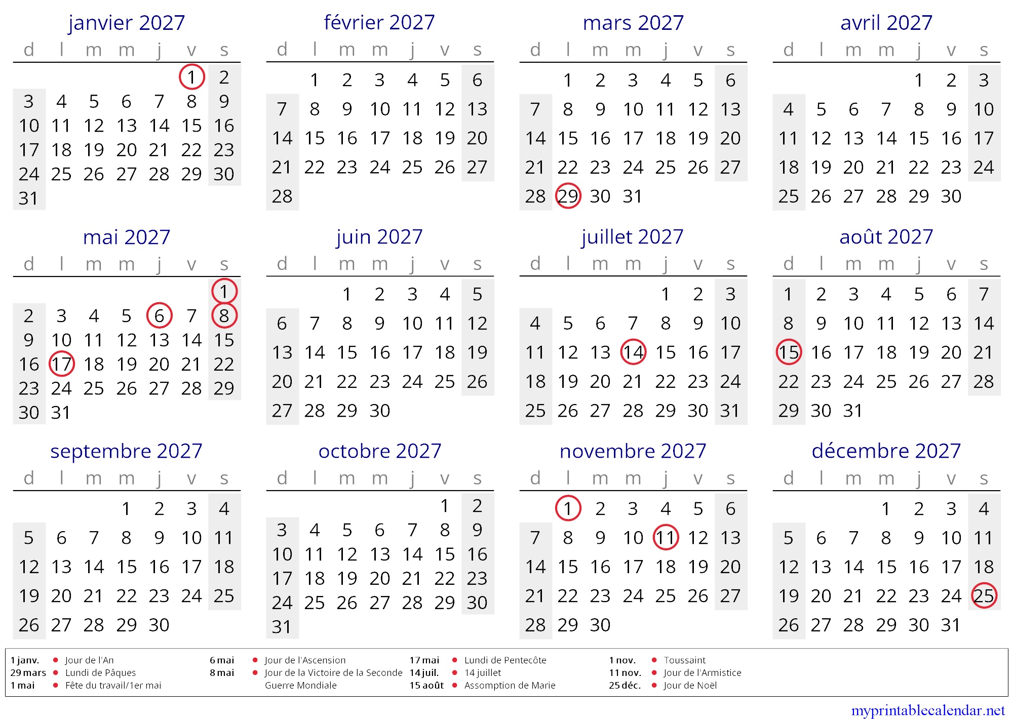 Yearly calendar for 2027, France, French jpg