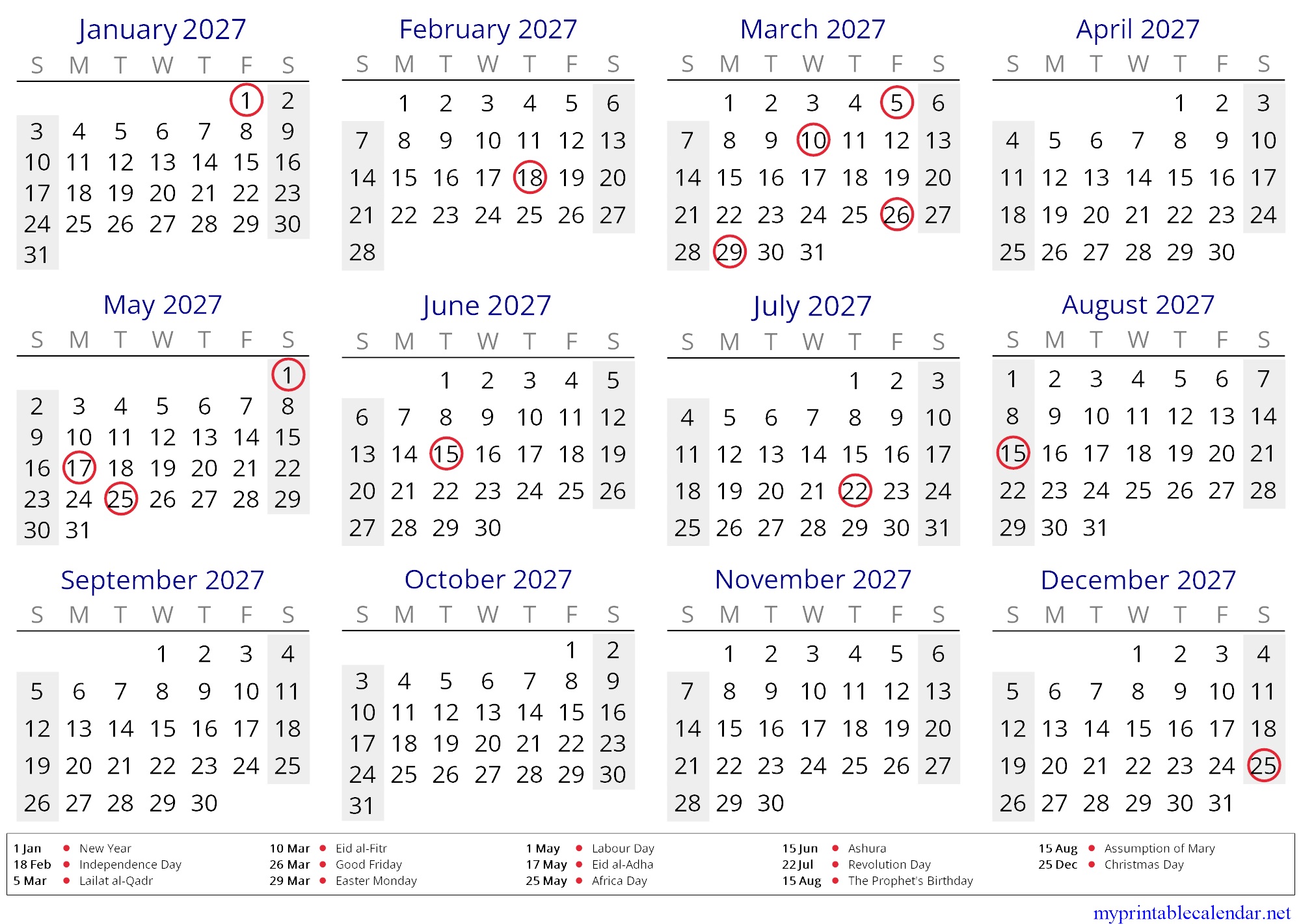 Yearly calendar for 2027, Gambia, English jpg