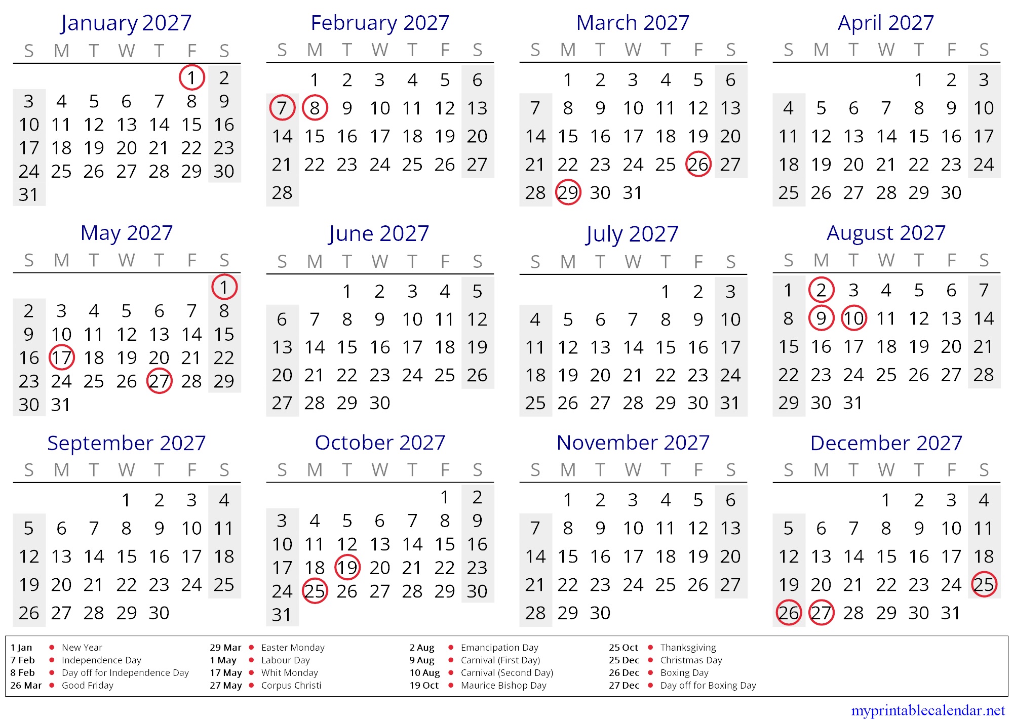 Yearly calendar for 2027, Grenada, English jpg