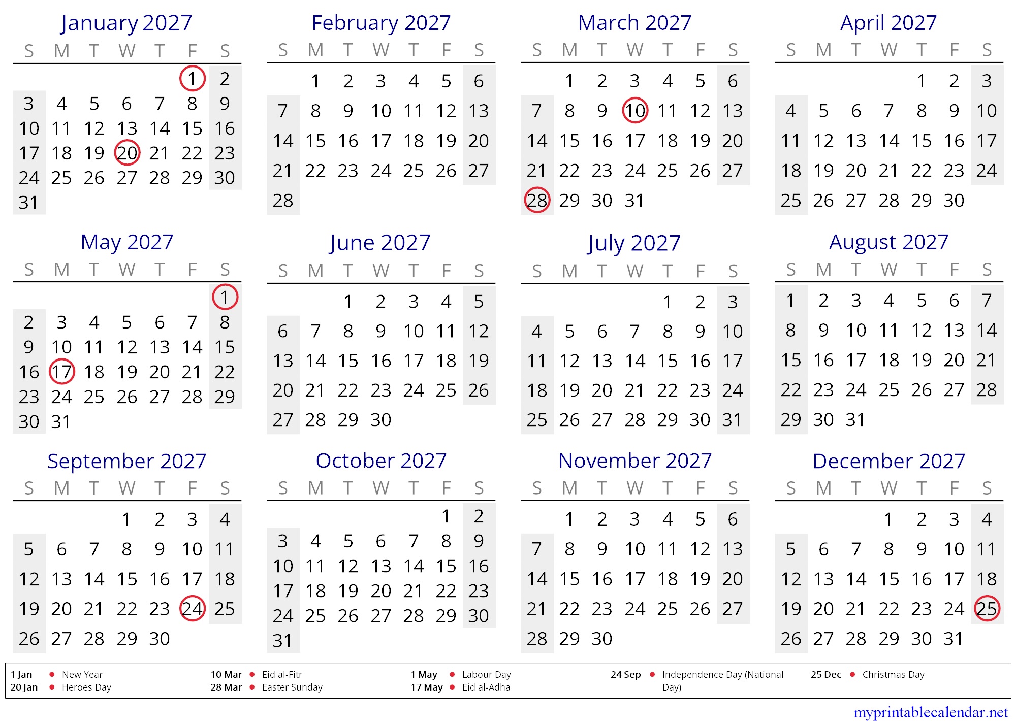 Yearly calendar for 2027, Guinea-Bissau, in English jpg